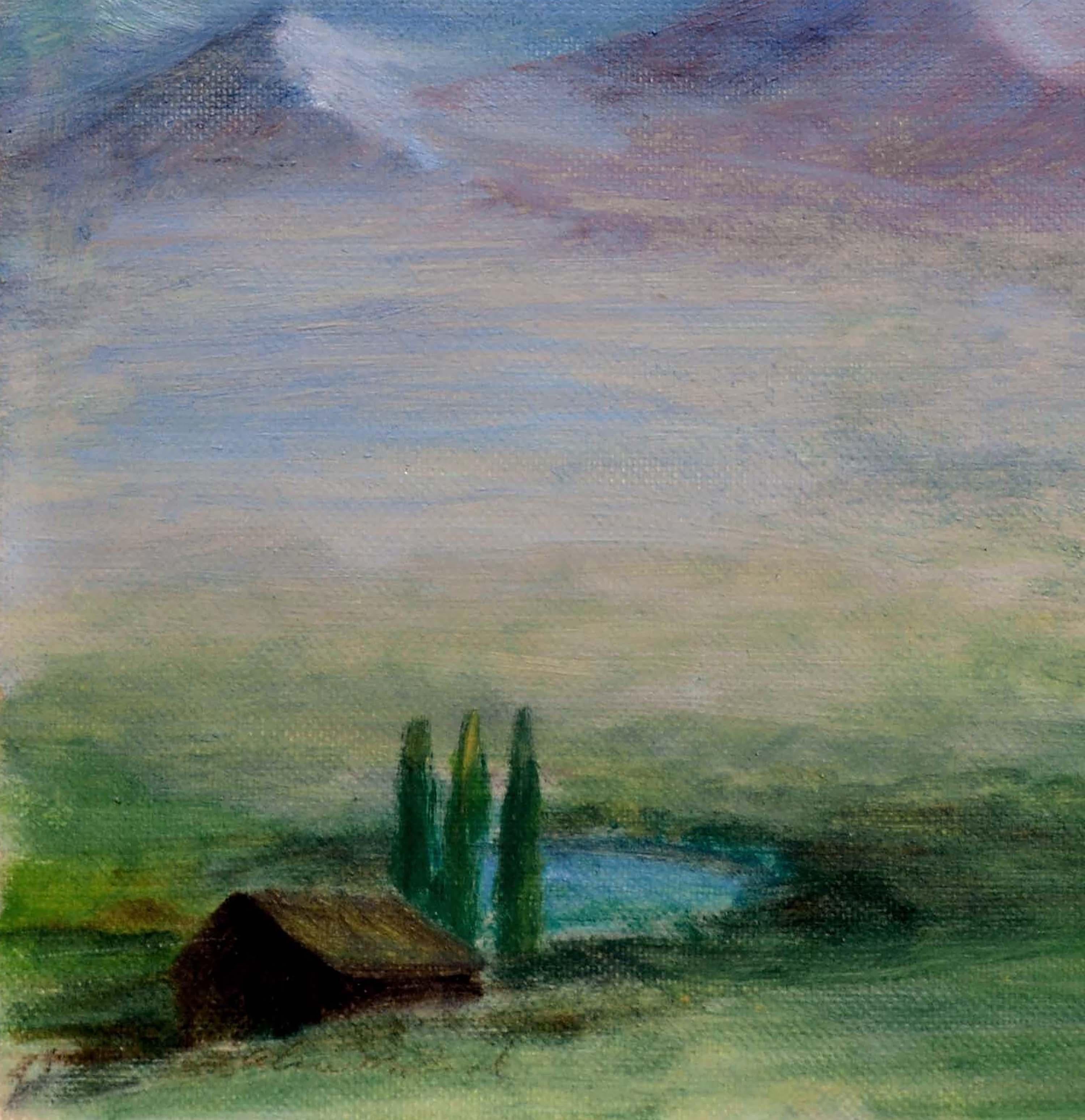 Paisaje de mediados de siglo -- Granja bajo una montaña desértica - Painting impresionista estadounidense de Alice M. Fink