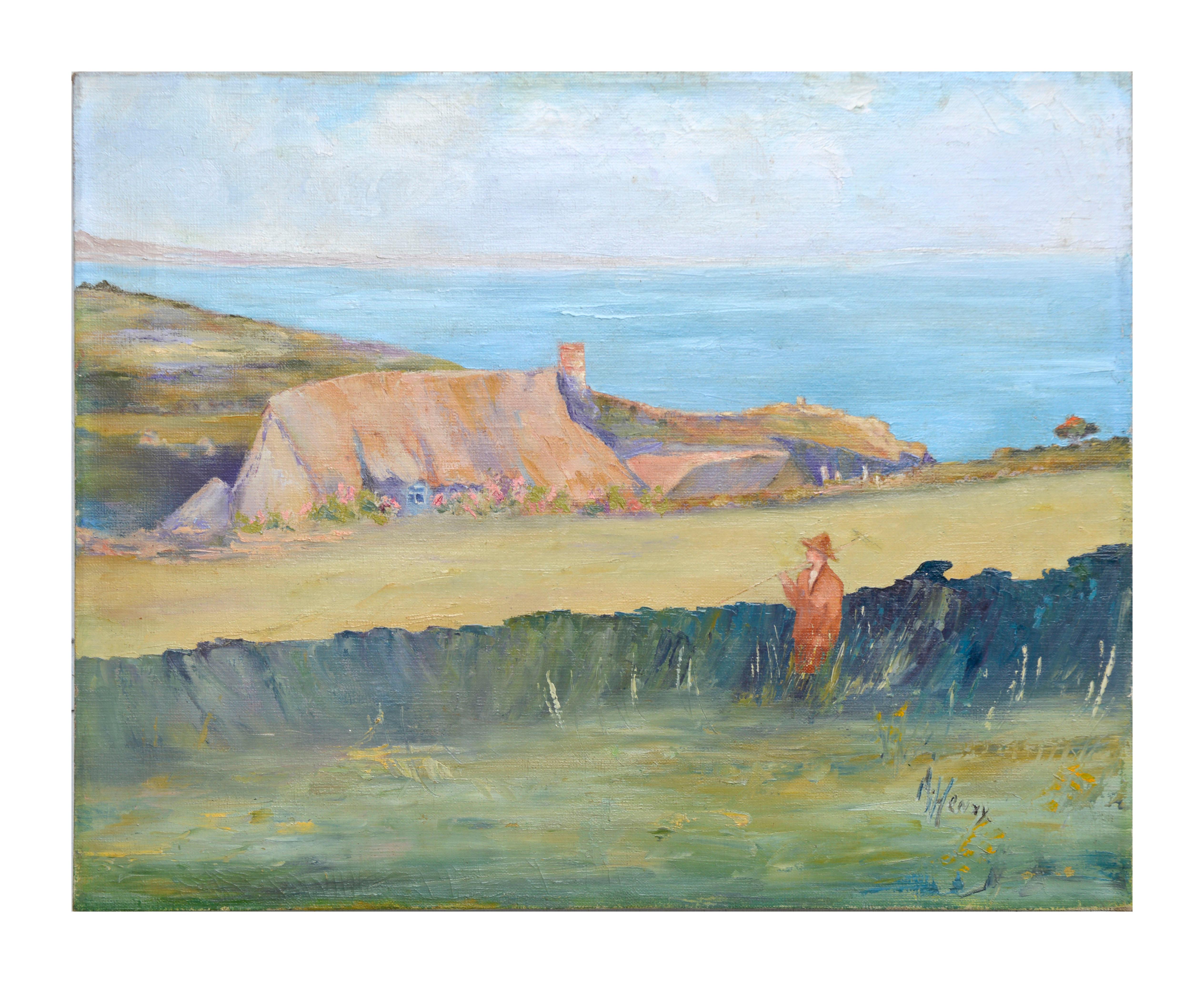 Landscape Painting di Aime Henry  - Paesaggio francese dei primi del Novecento -- Casa sulla costa della Bretagna
