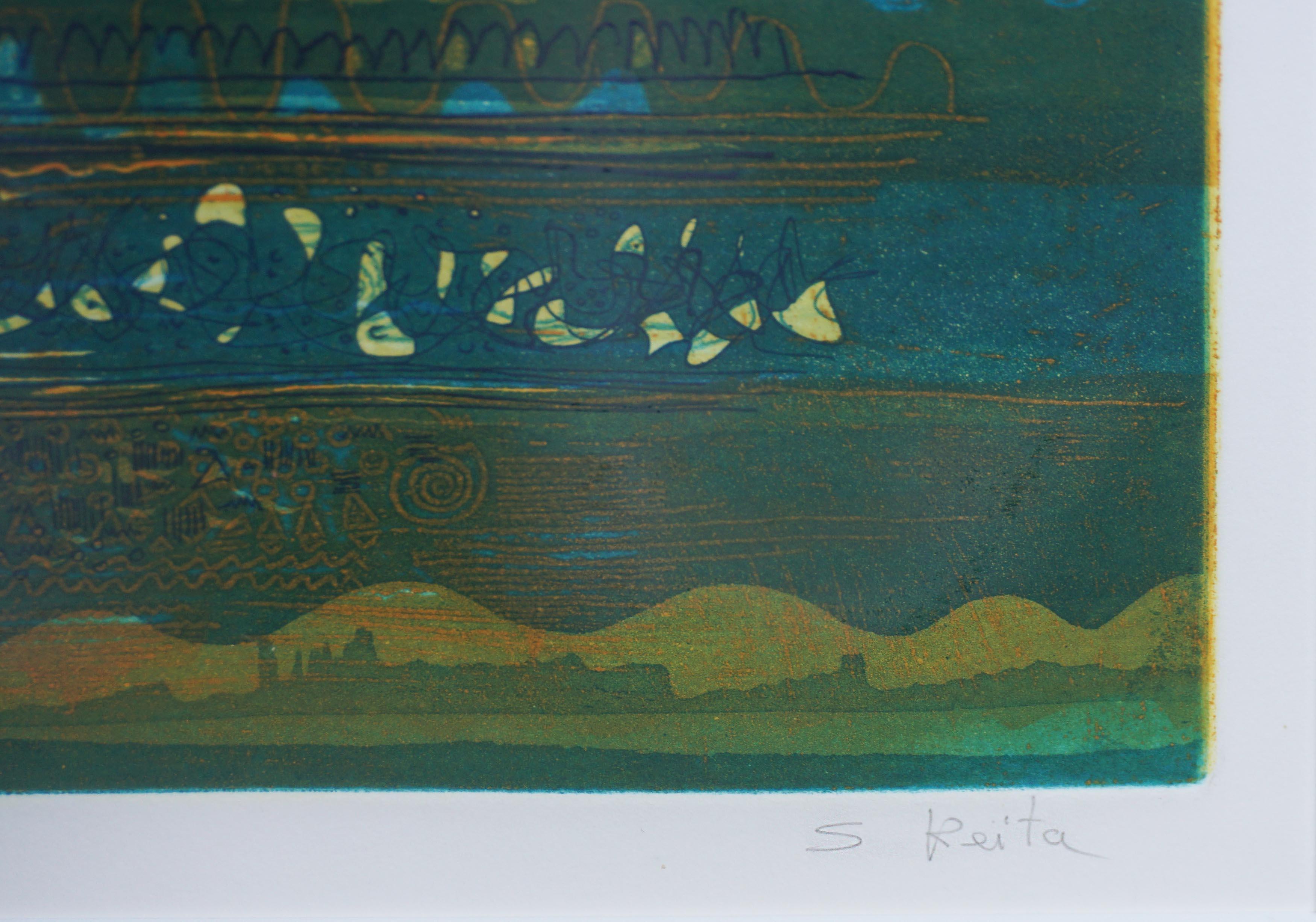 Paysage tribal de l'île de Goree  - Bleu Abstract Print par Souleymane Keita