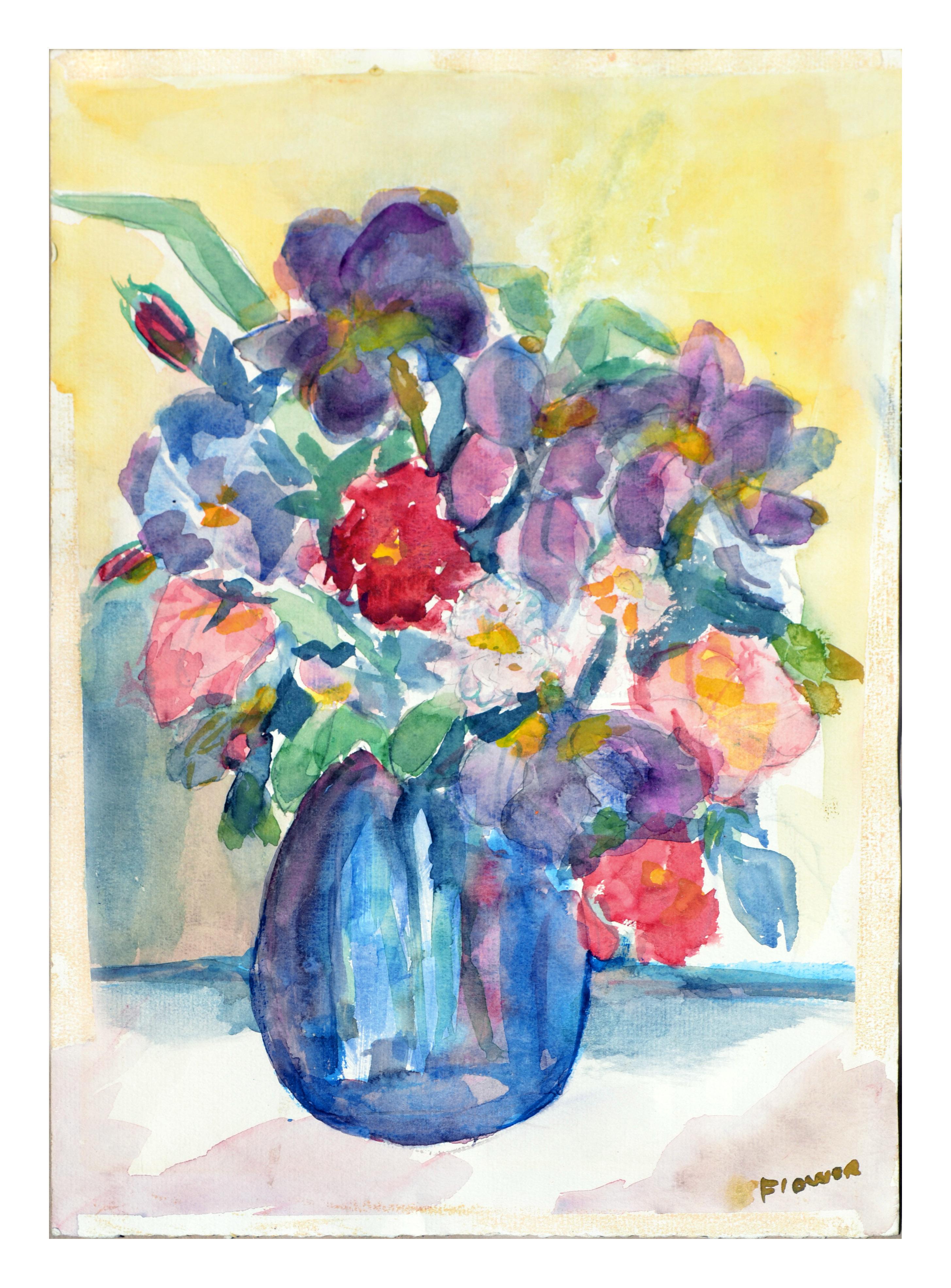 Bouquet with Blue Vase Floral Still-Life  - Art by Sarah C. Flower 