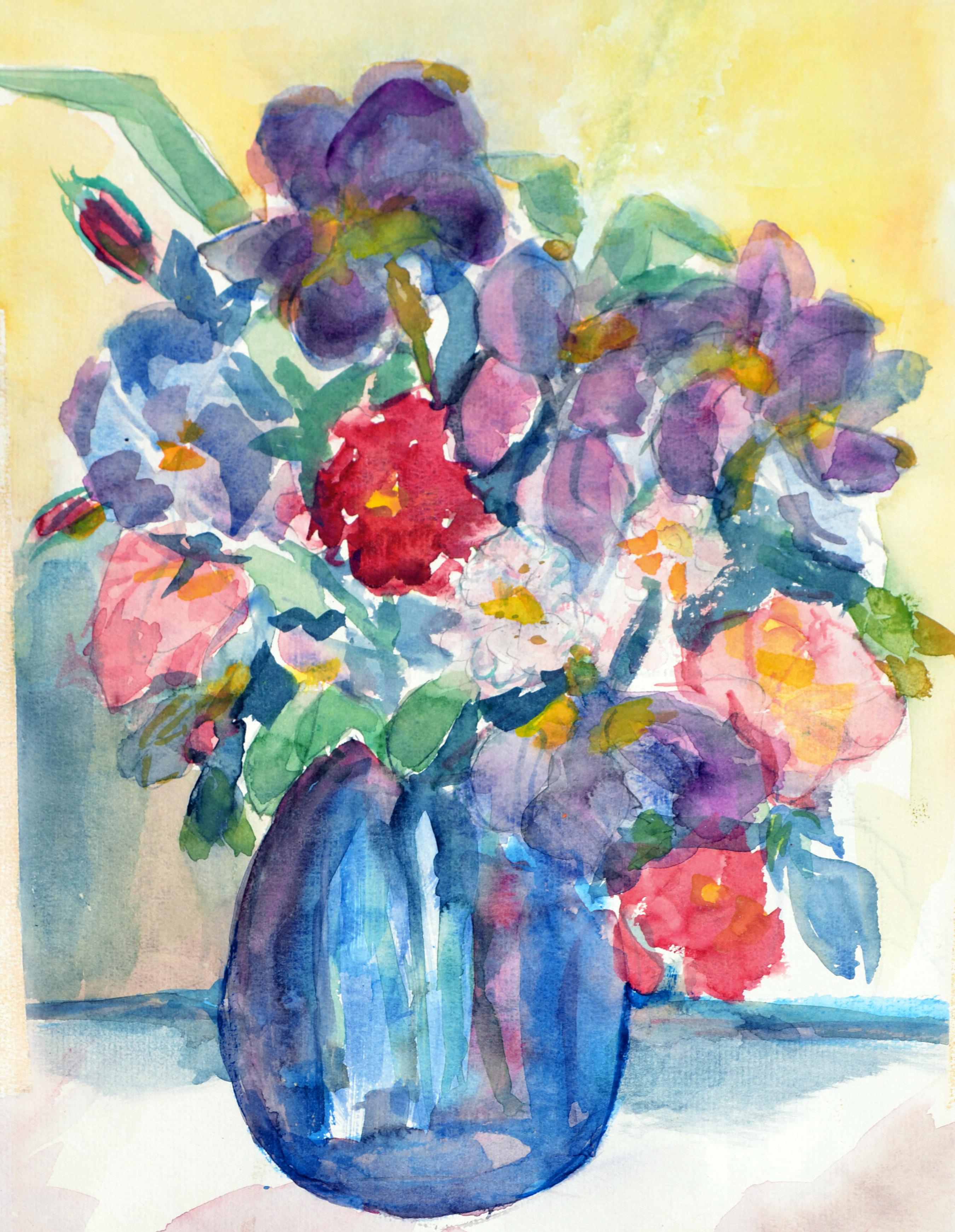 Bouquet with Blue Vase Floral Still-Life  - American Impressionist Art by Sarah C. Flower 
