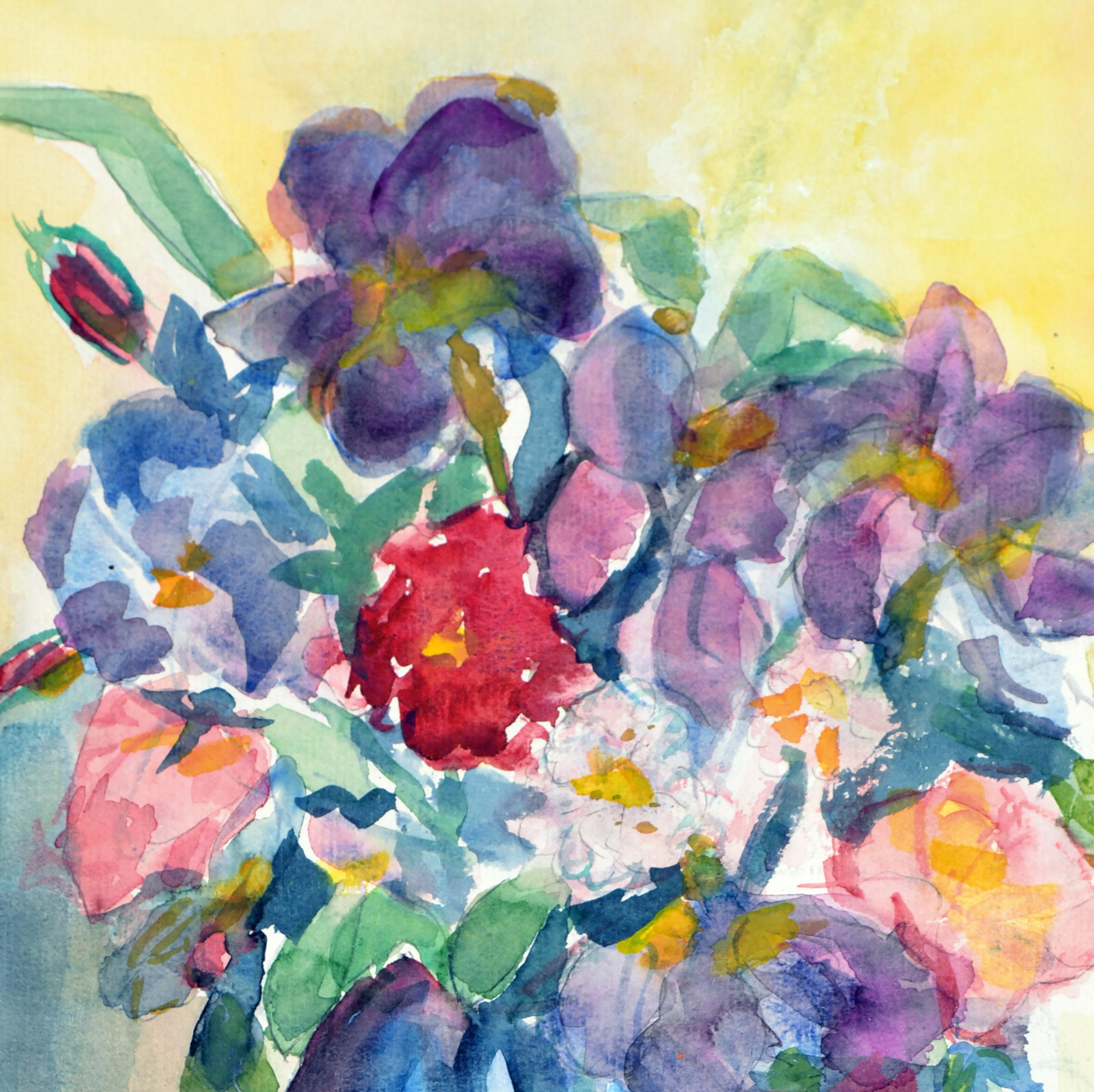 Fun floral still-life of a lush bouquet of iris and other brightly colored spring flowers by artist Sarah C. Flower (American, 20th century). Signed 