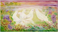Colombe della pace nel vigneto, paesaggio di primavera
