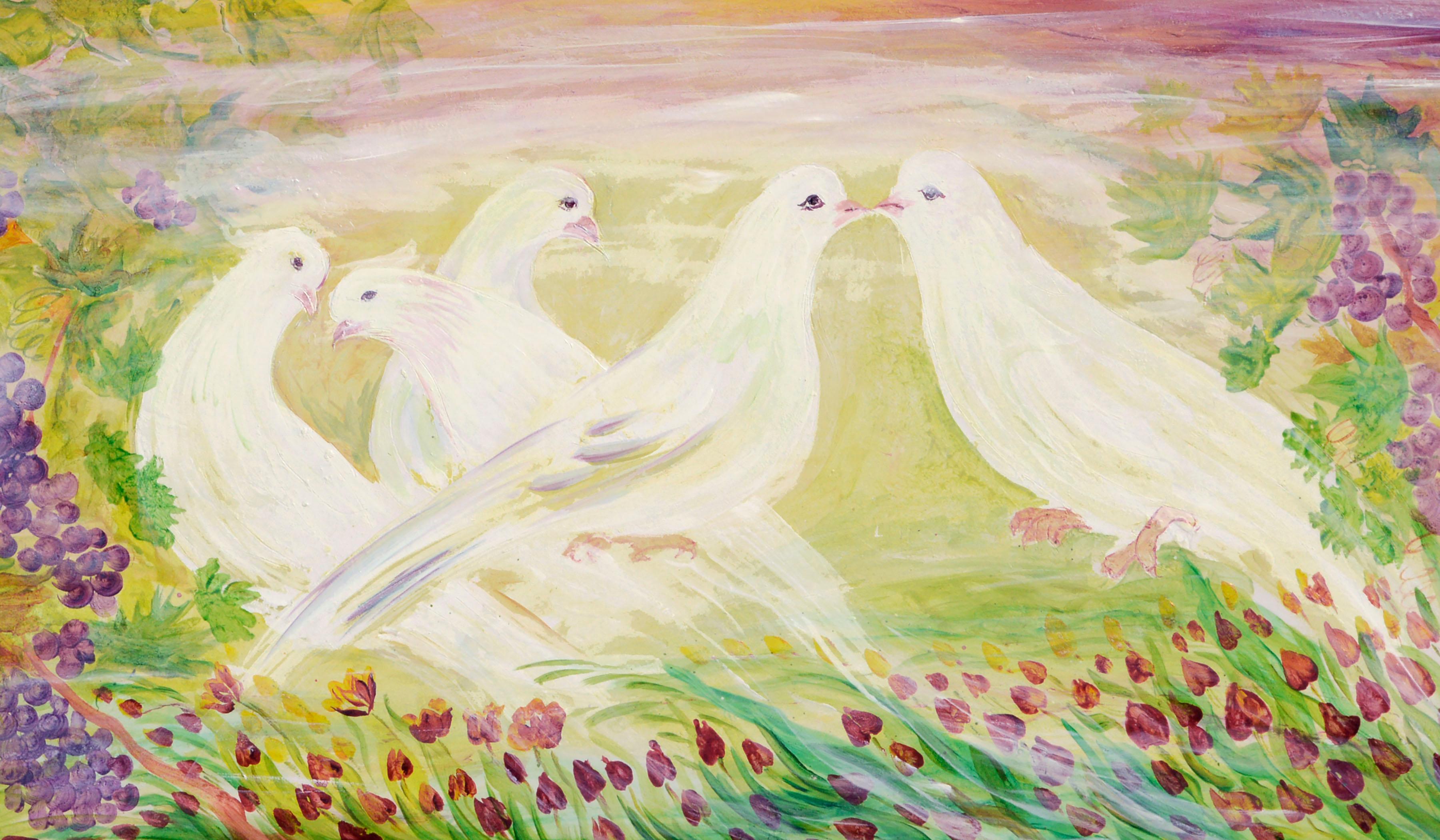 Peace Doves in Vineyard, Springtime Landscape  - Painting by Mohammad Hourian