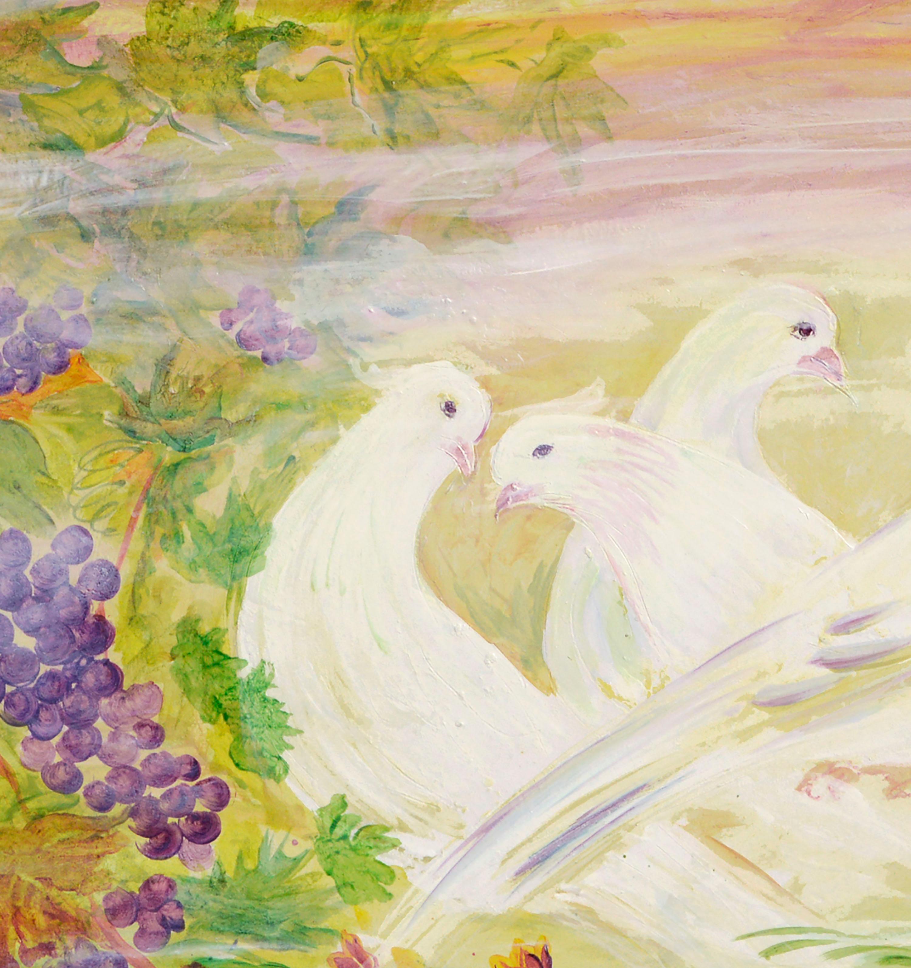 Peace Doves in Vineyard, Frühlingslandschaft  (Amerikanischer Impressionismus), Painting, von Mohammad Hourian