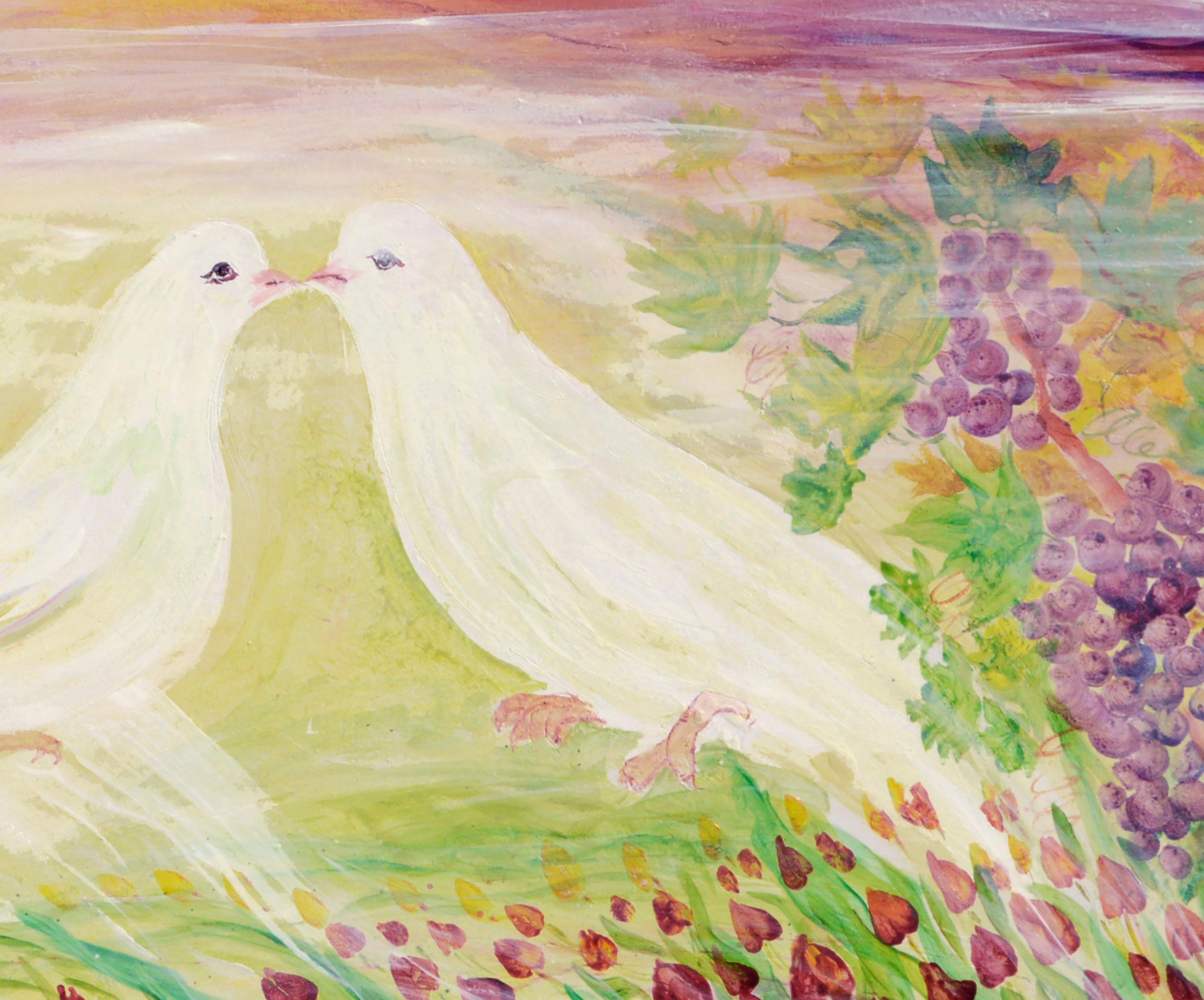 Peace Doves in Vineyard, Frühlingslandschaft  (Beige), Landscape Painting, von Mohammad Hourian
