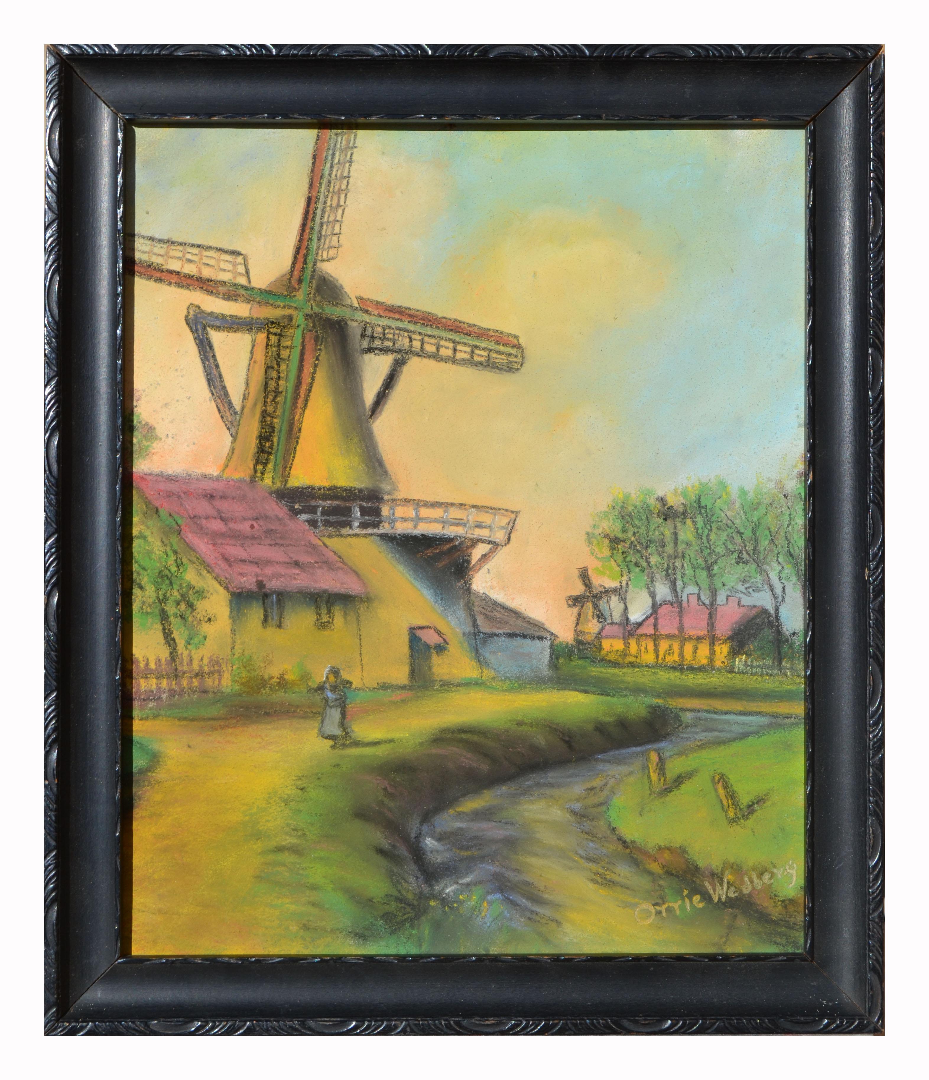 Orrie Wedberg Landscape Painting - Fauvist Dutch/Belgium Windmill Landscape