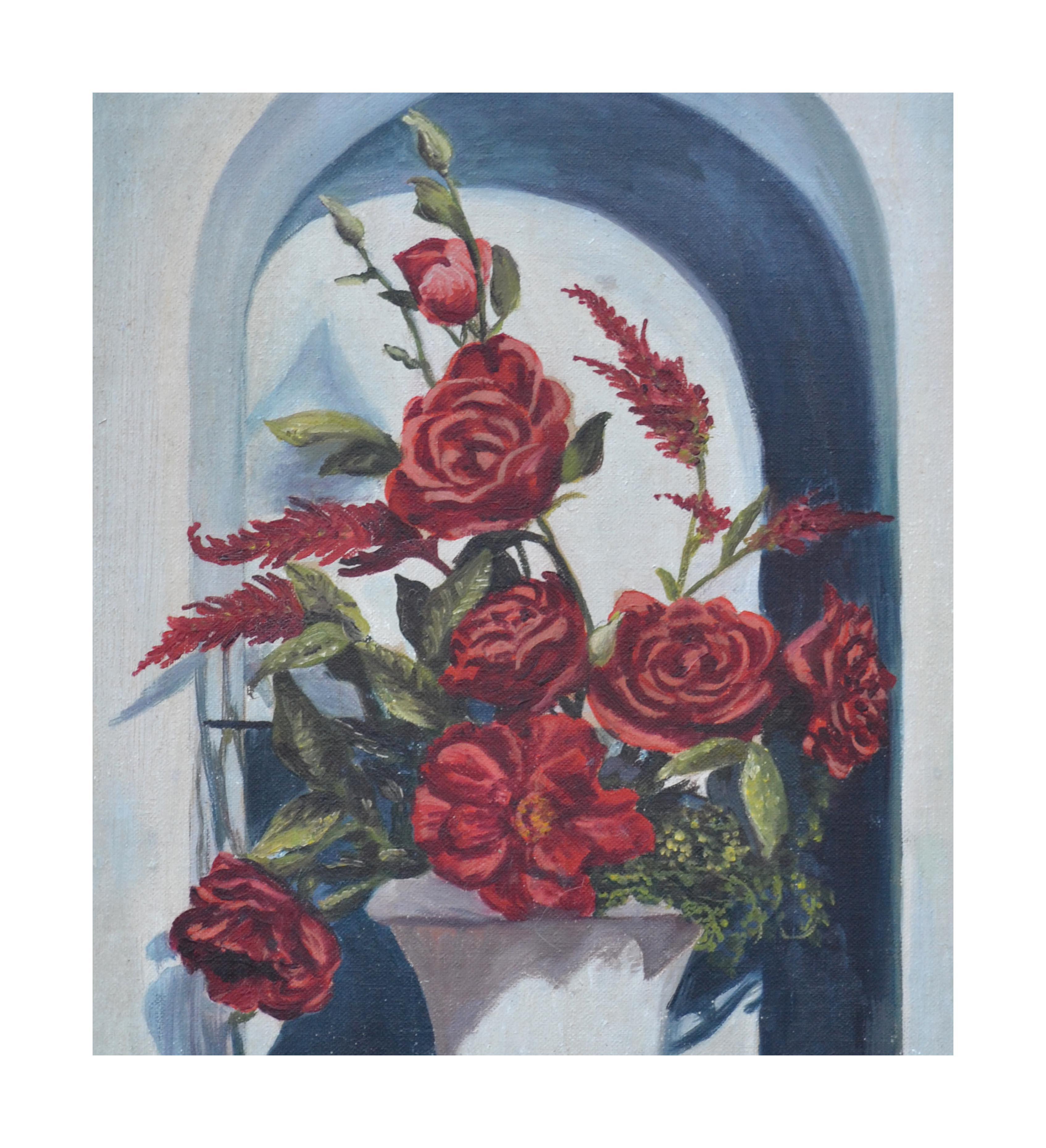 1940s Tromp L'oeil Still Life Rose and Amaranth in Alcove  - Painting by Riverda Kapunas