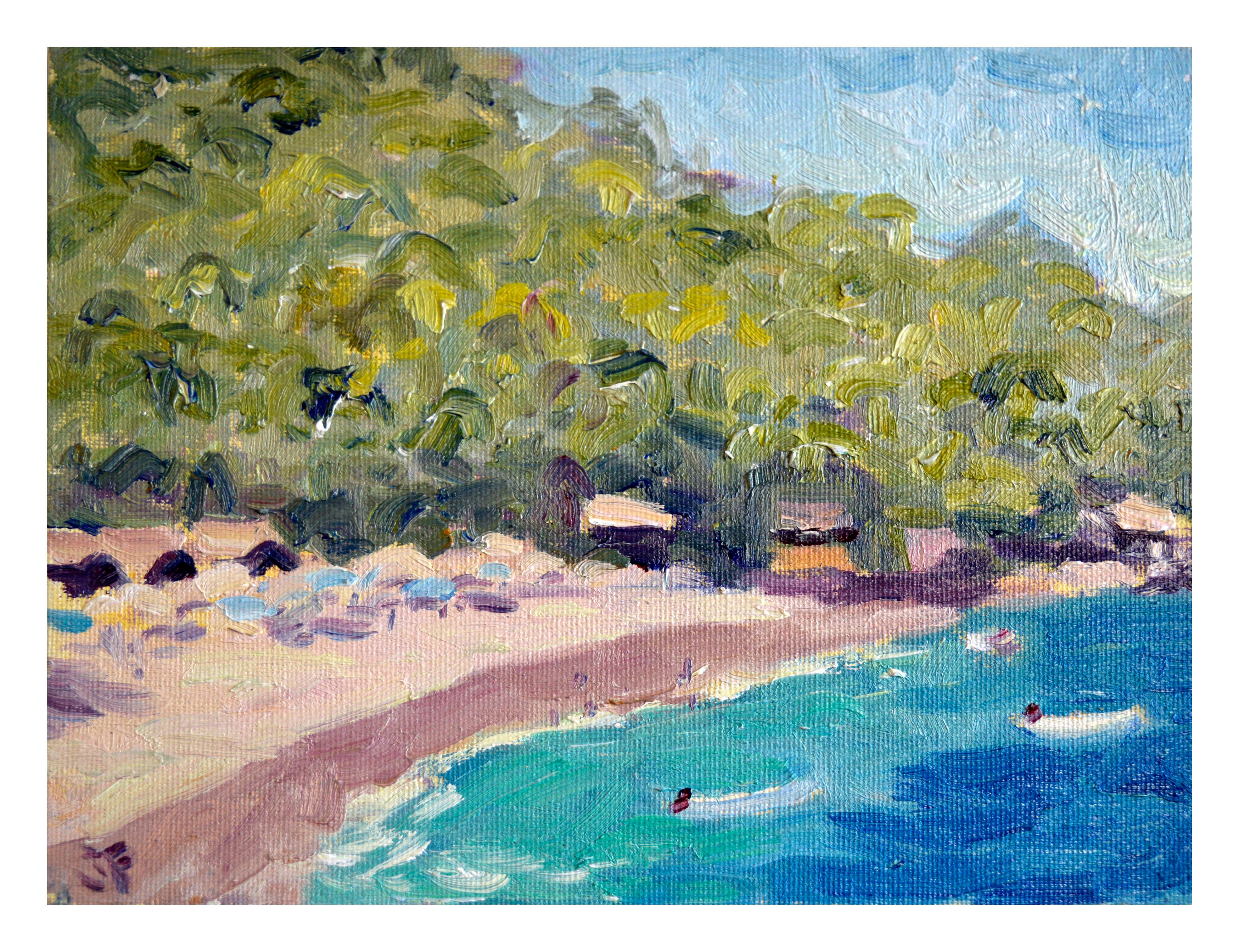 Jonathan Farley Landscape Painting - Day at the Beach, West Coast Figurative Landscape 