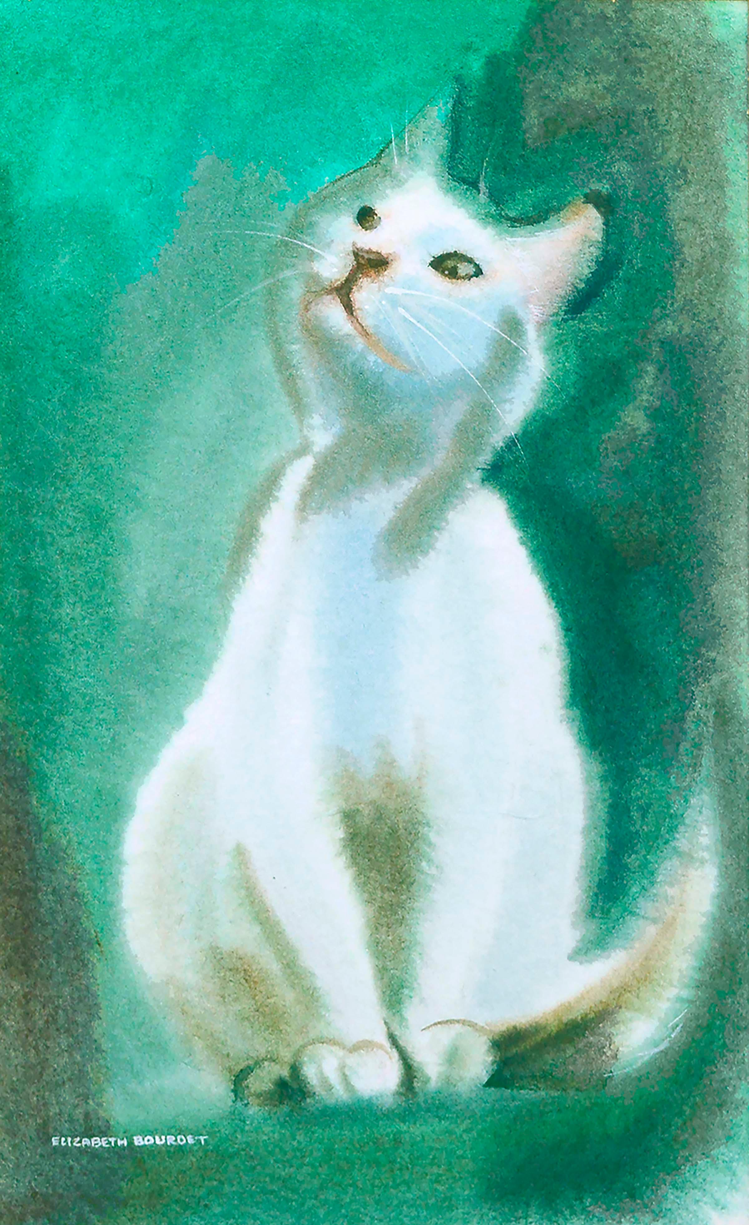 White Cat Watercolor  - Art by Elizabeth Bourdet