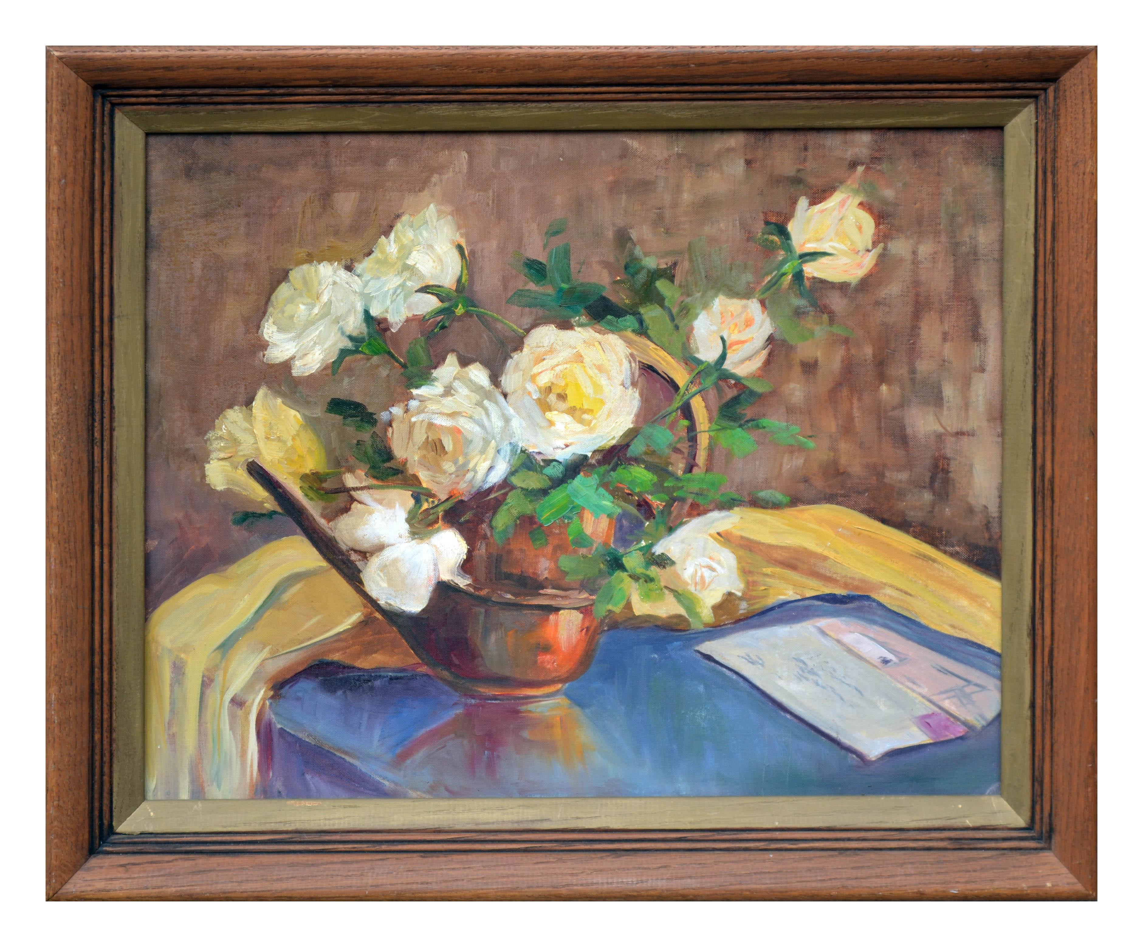 Mildred T. German Still-Life Painting - Mid Century Yellow Roses and Letter Still Life