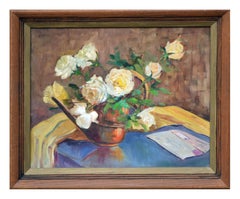 Mid Century Yellow Roses and Letter Still Life