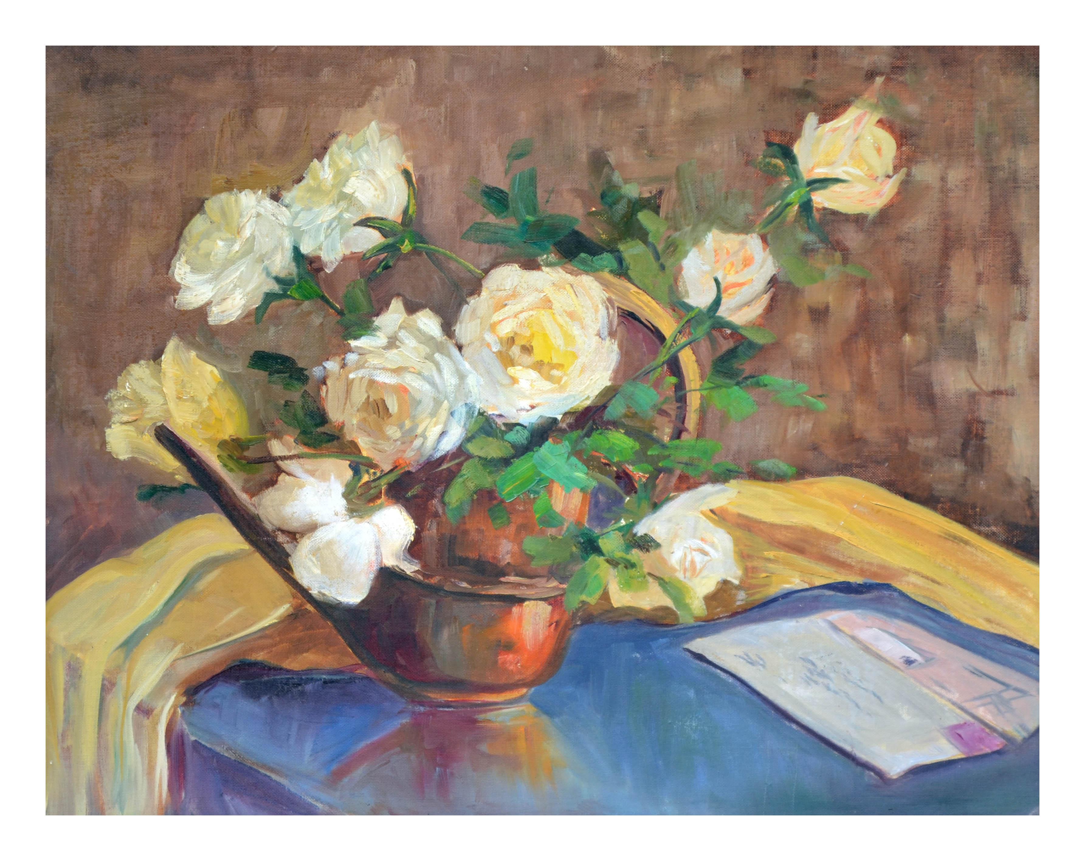 Mid Century Yellow Roses and Letter Still Life - Painting by Mildred T. German