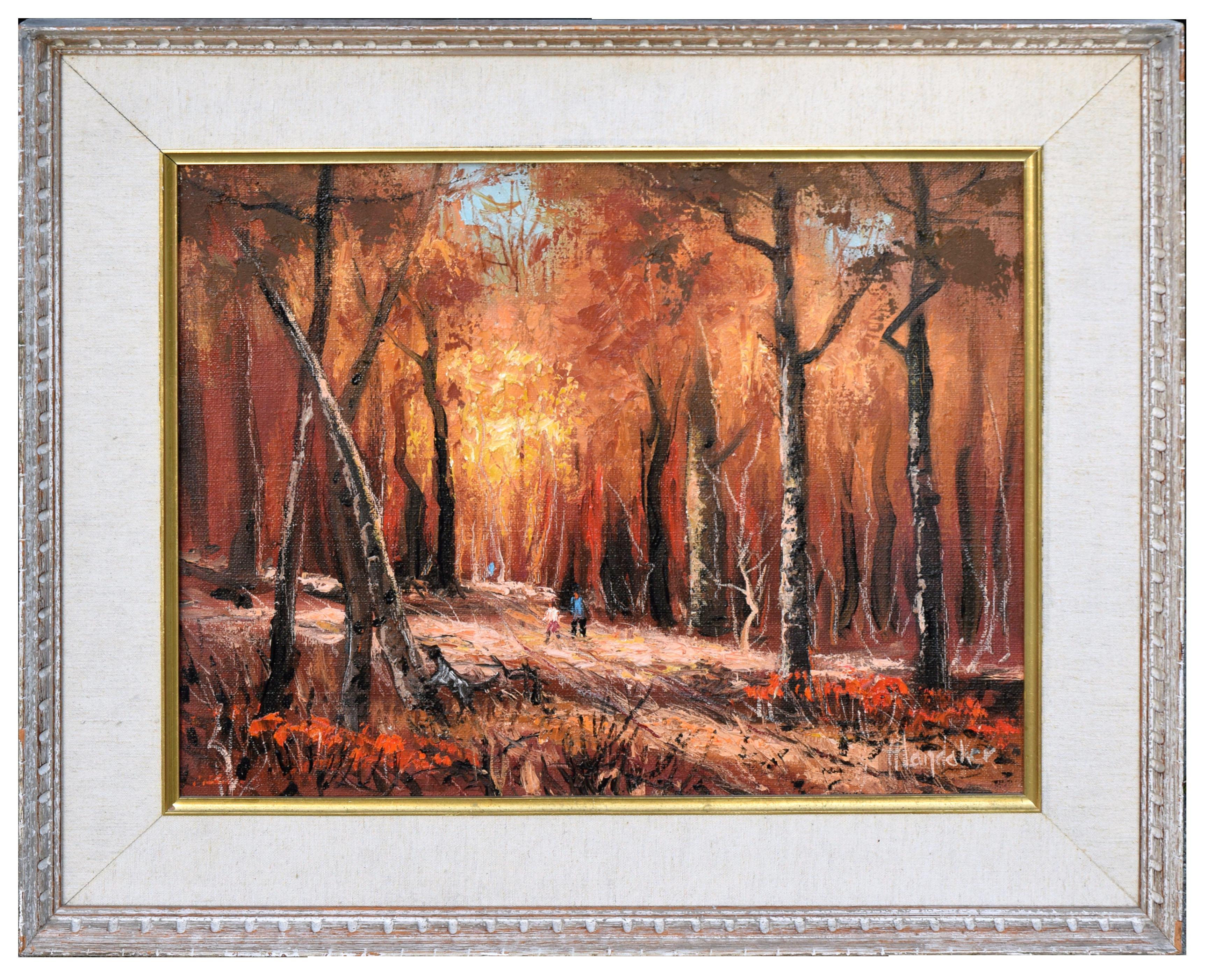 Harold Landaker  Figurative Painting - Autumn Walk in the Woods - Midcentury Figurative Landscape 