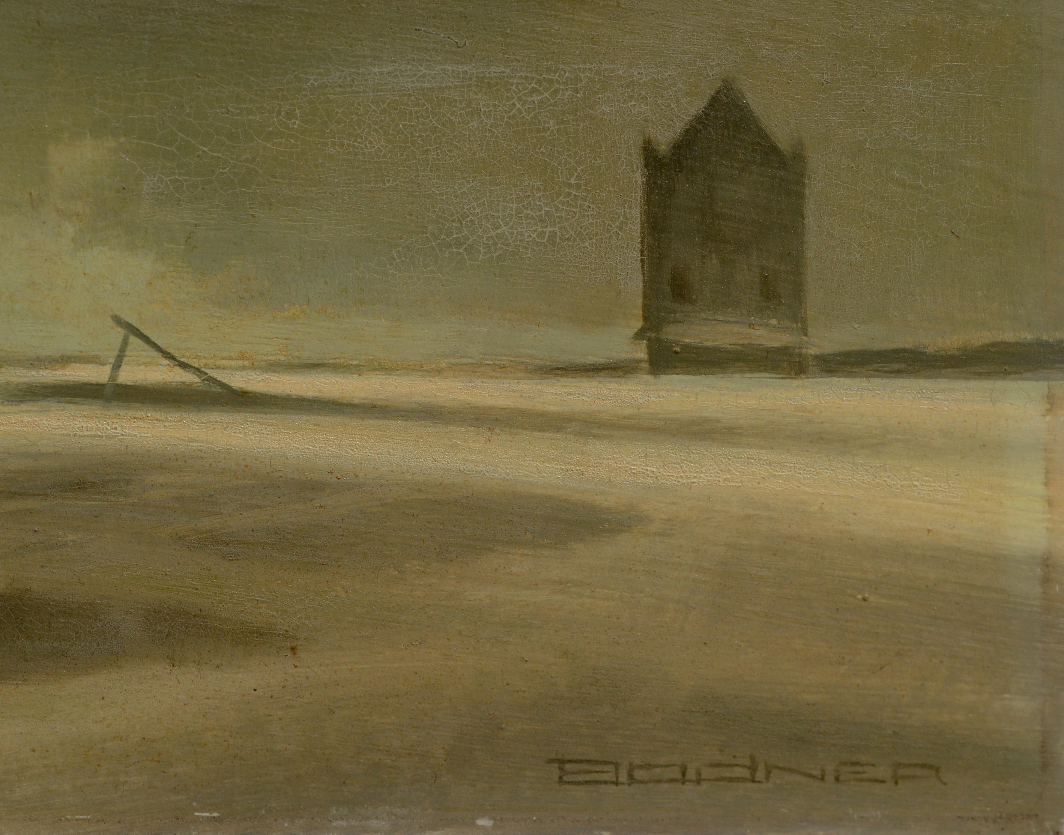 Città fantasma di metà secolo, paesaggio in seppia - Landscape Painting Marrone di Joseph Bodner