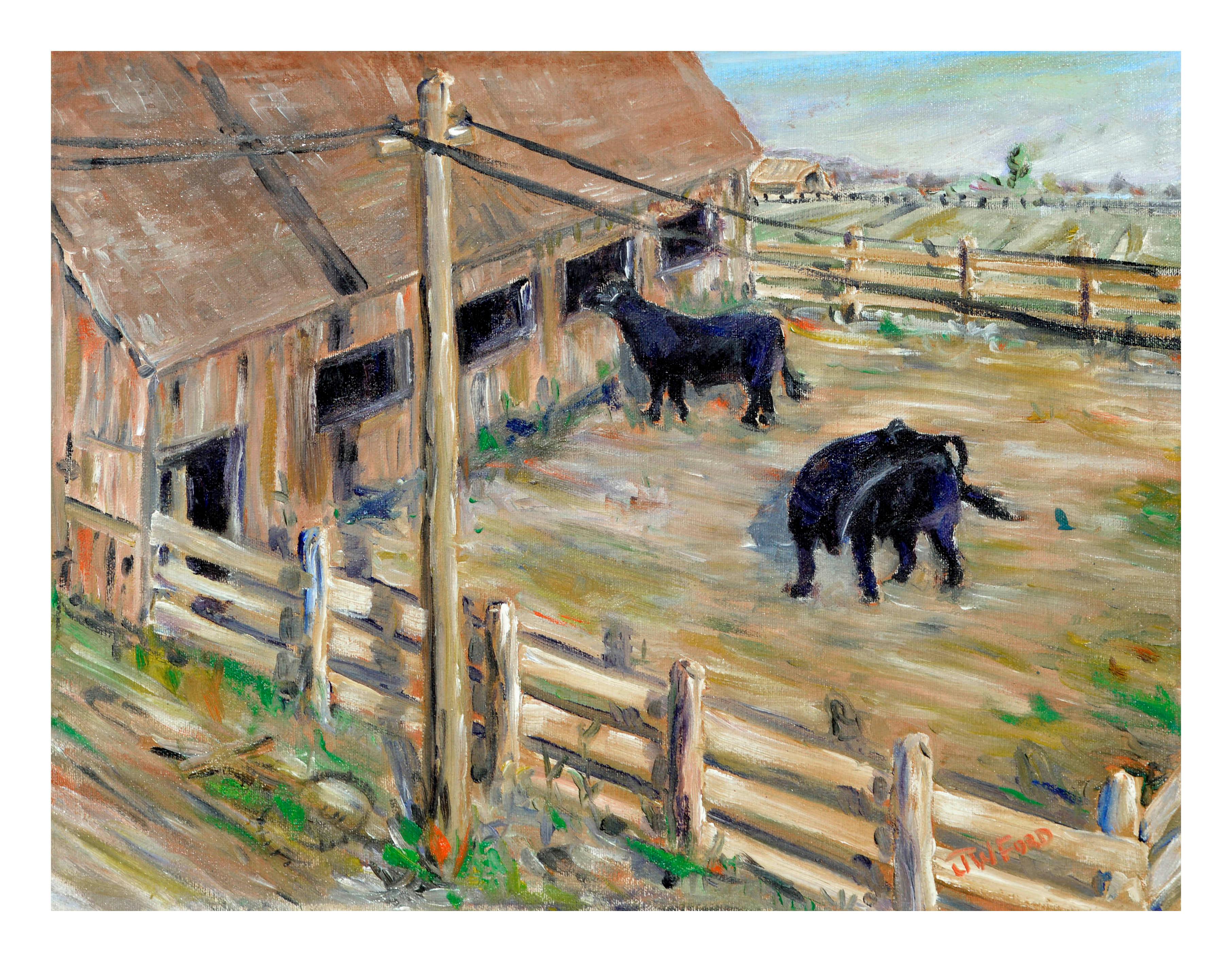 J.W. Ford Figurative Painting - Grazing Cows - Farm Landscape 