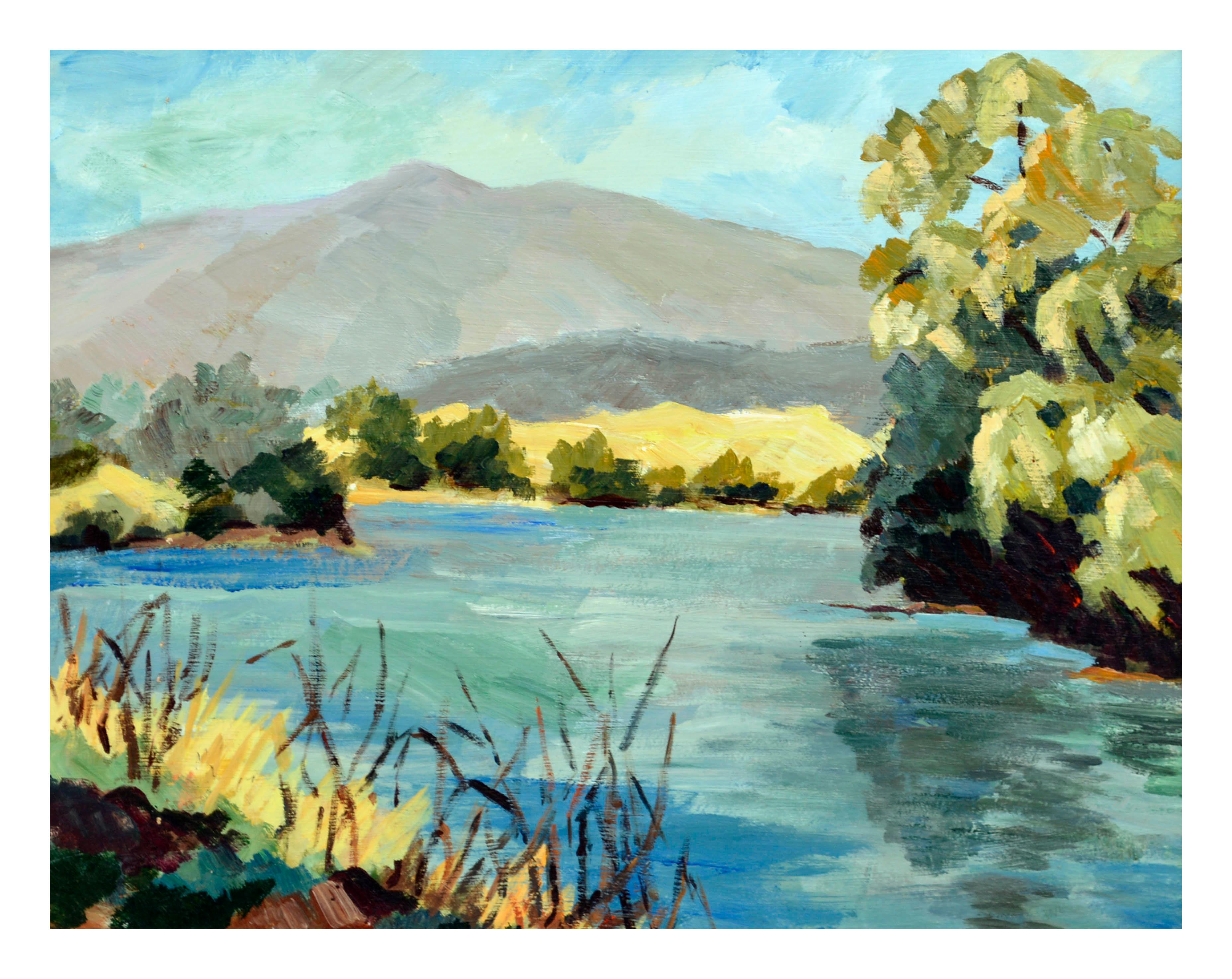 Mid Century Northern California Mountain Lake Landscape - Painting by Margot Wilson Lowe