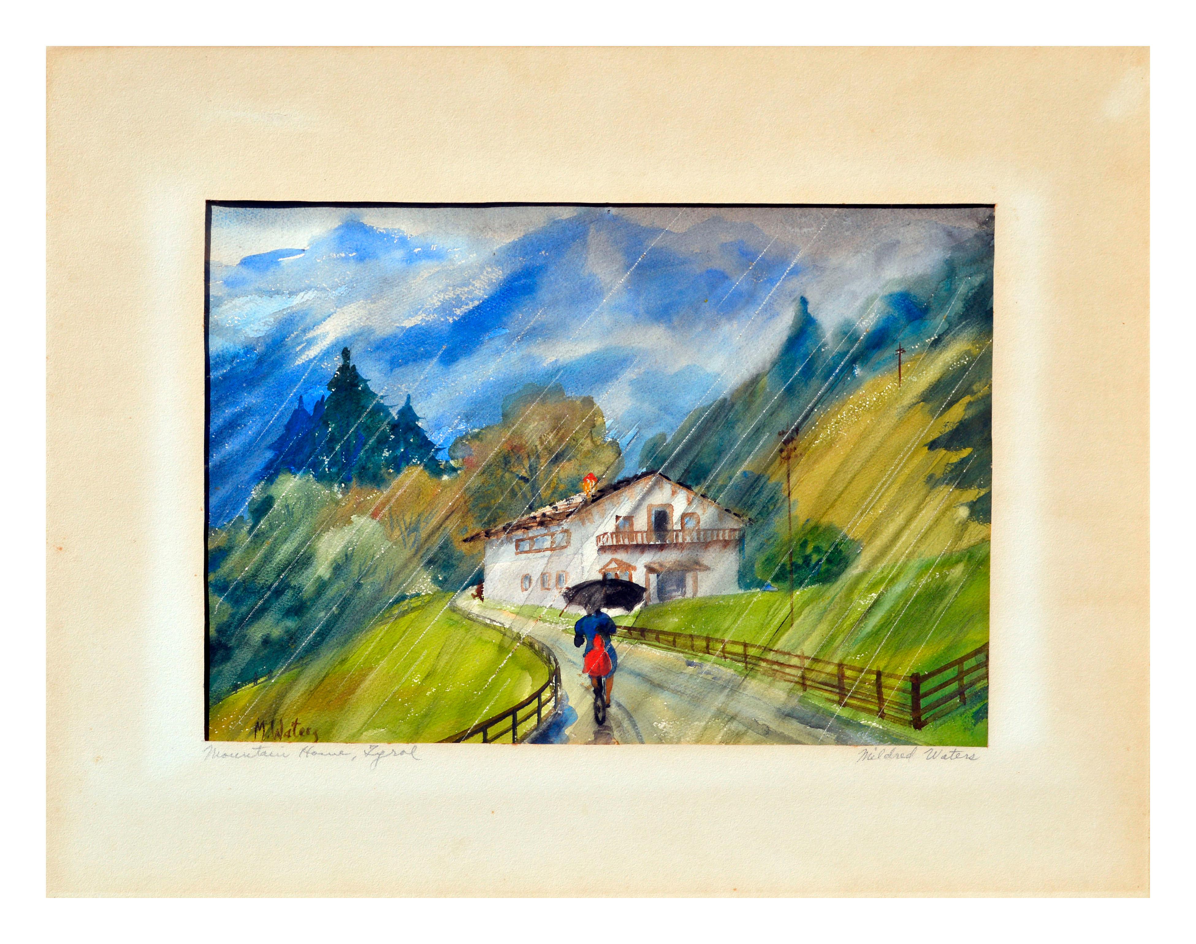 Mid Century Tyrolian Mountain Home - American Impressionist Painting by Mildred Waters