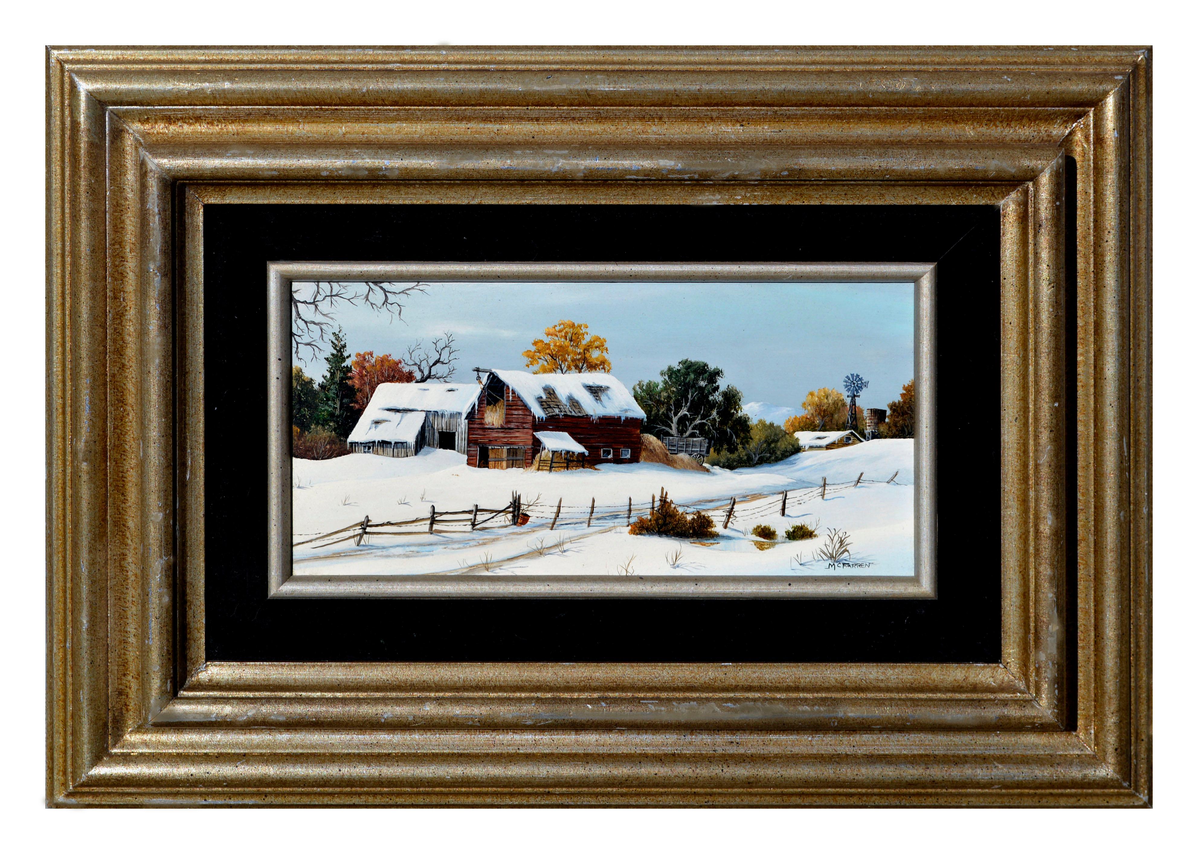 Robert F. McFarren Landscape Painting - Mid Century Barns Covered in Snow Landscape