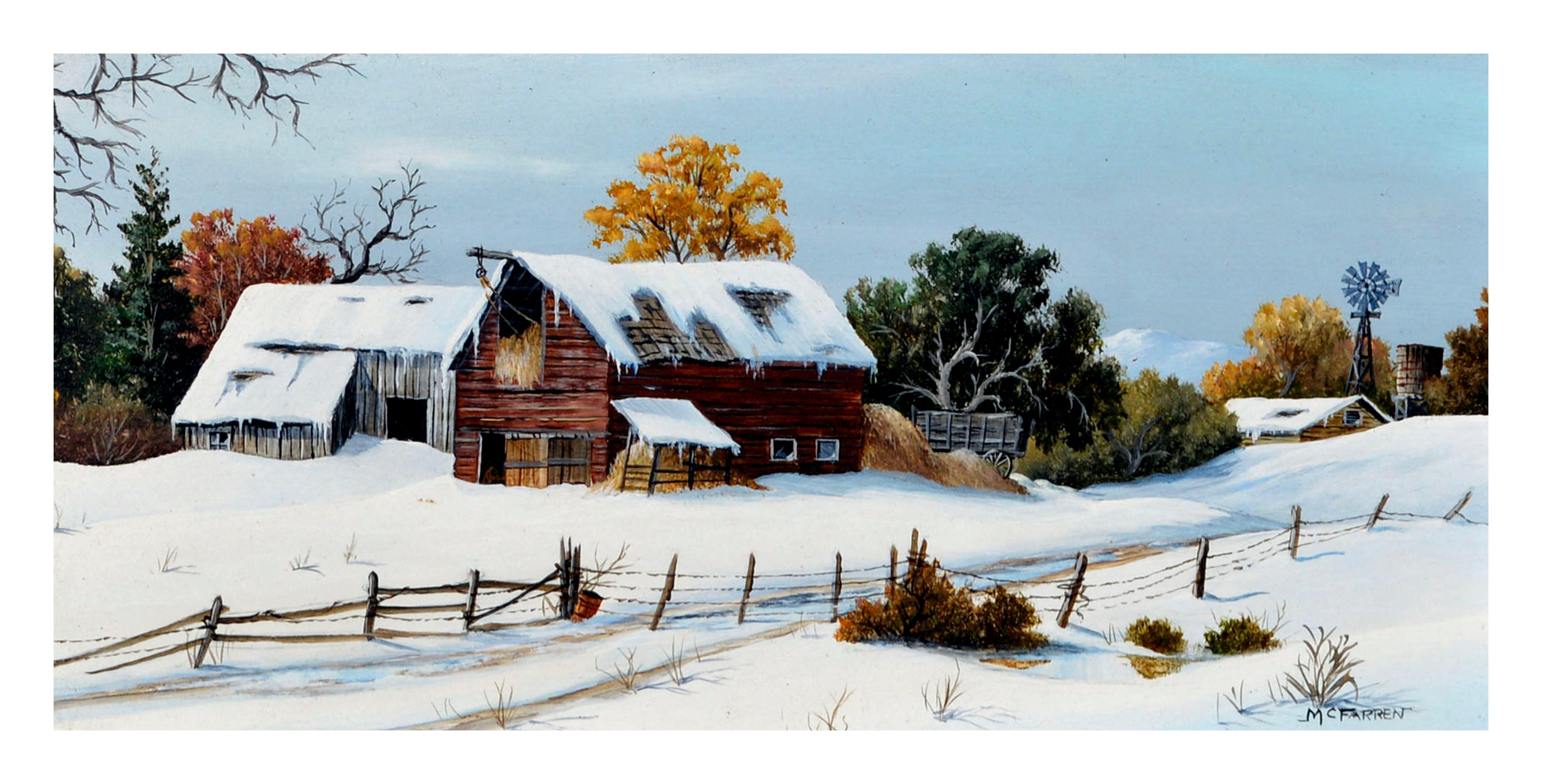 Mid Century Barns Covered in Snow Landscape - Painting by Robert F. McFarren