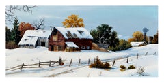 Mid Century Barns Covered in Snow Landscape