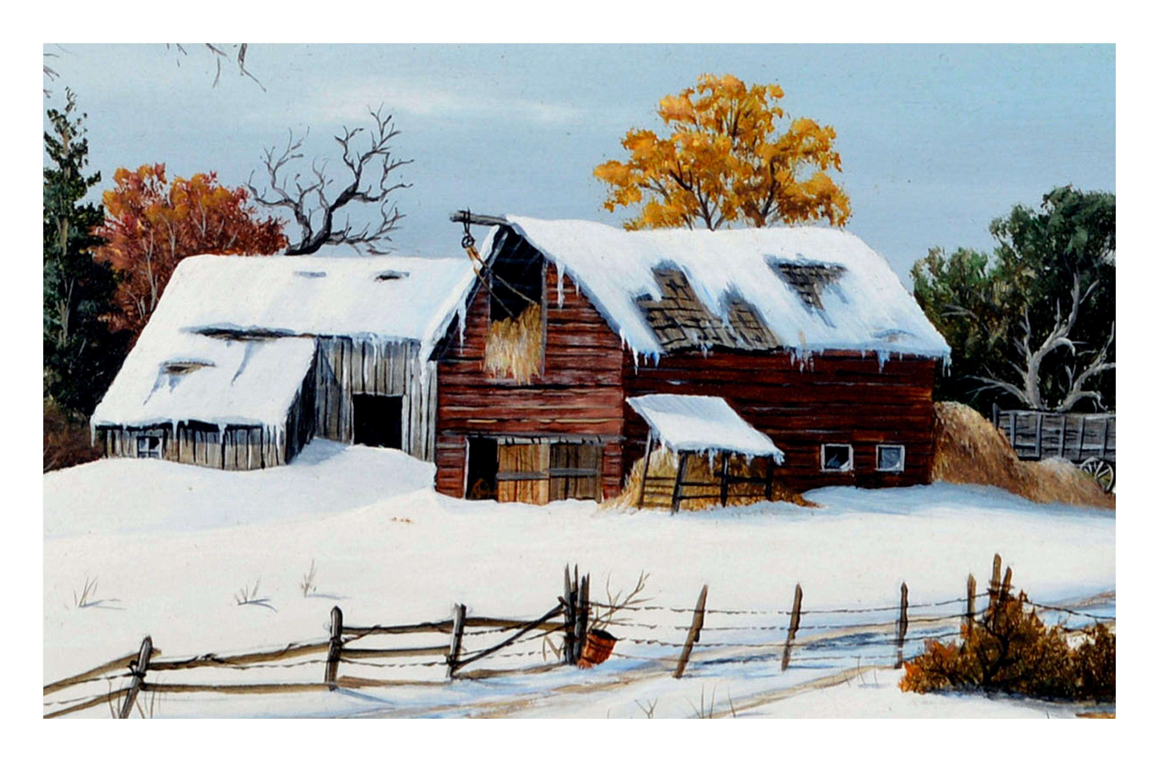 Barns aus der Mitte des Jahrhunderts mit Schneelandschaft bedeckt (Schwarz), Landscape Painting, von Robert F. McFarren
