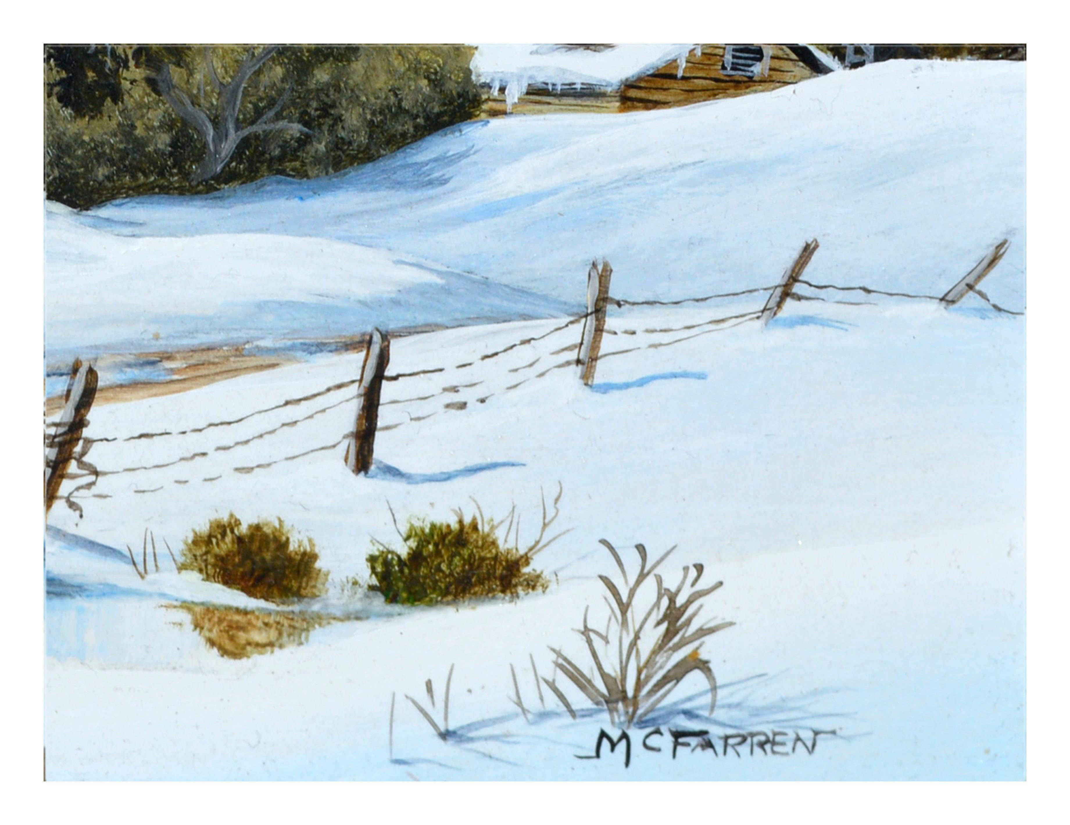 Wunderschöne Winterlandschaft mit verschneiten Scheunen von Robert F. McFarren (Amerikaner, 1917-1997). Signiert 