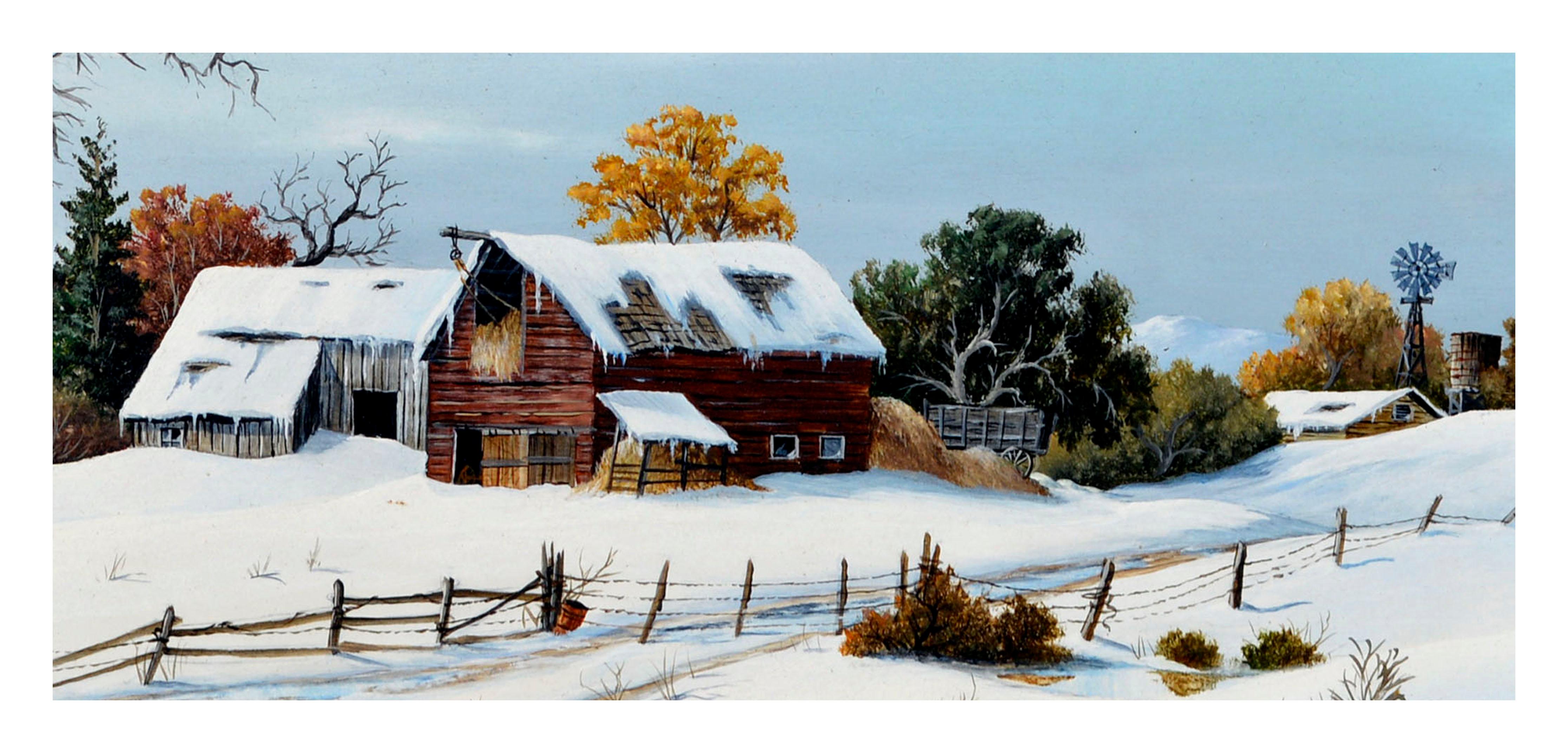 Barns aus der Mitte des Jahrhunderts mit Schneelandschaft bedeckt (Amerikanischer Impressionismus), Painting, von Robert F. McFarren