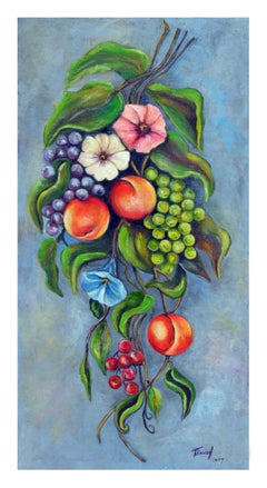 Bodegón de frutas y flores de mediados de siglo