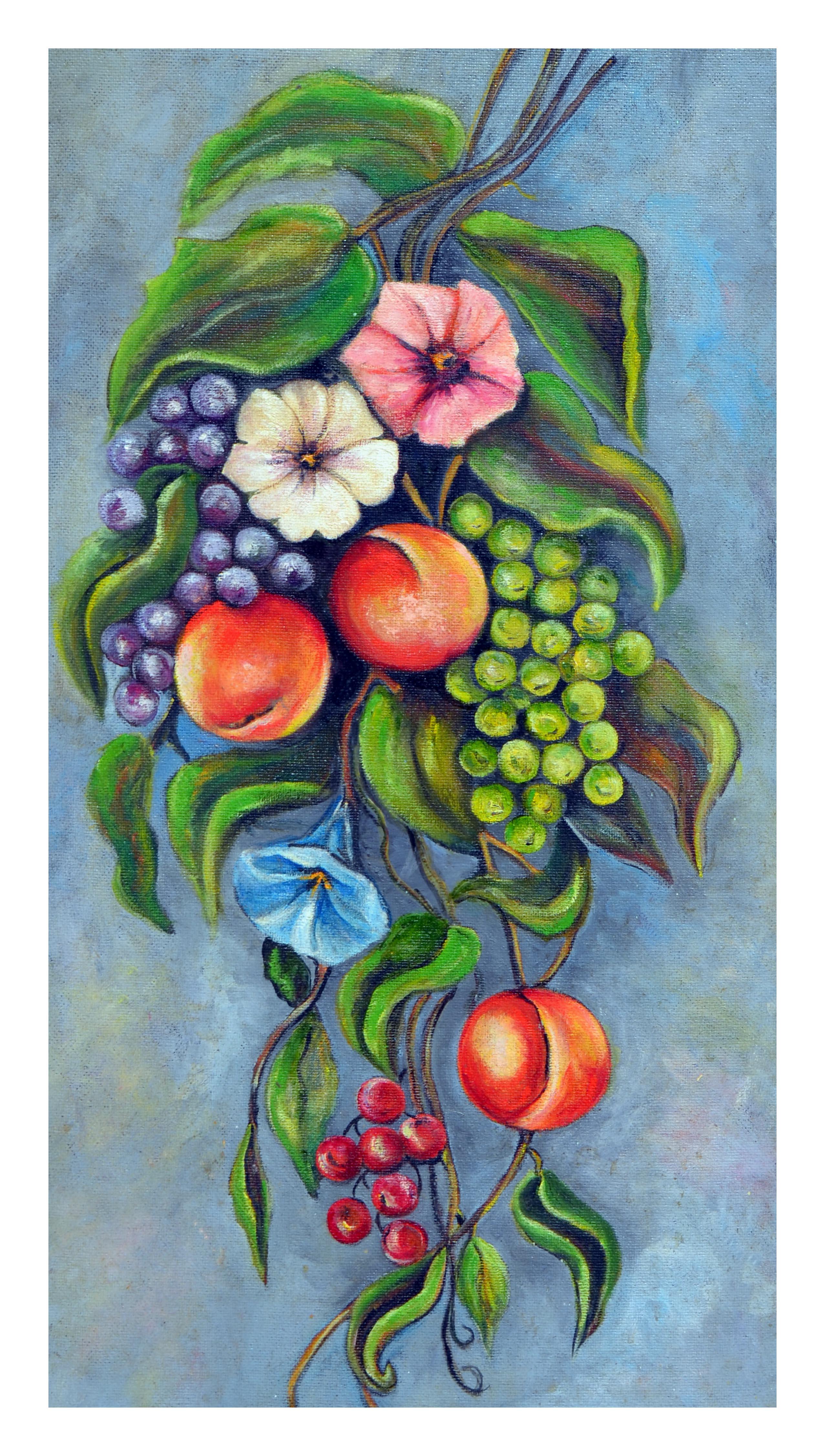 Bodegón de frutas y flores de mediados de siglo - Painting de T. Tinney
