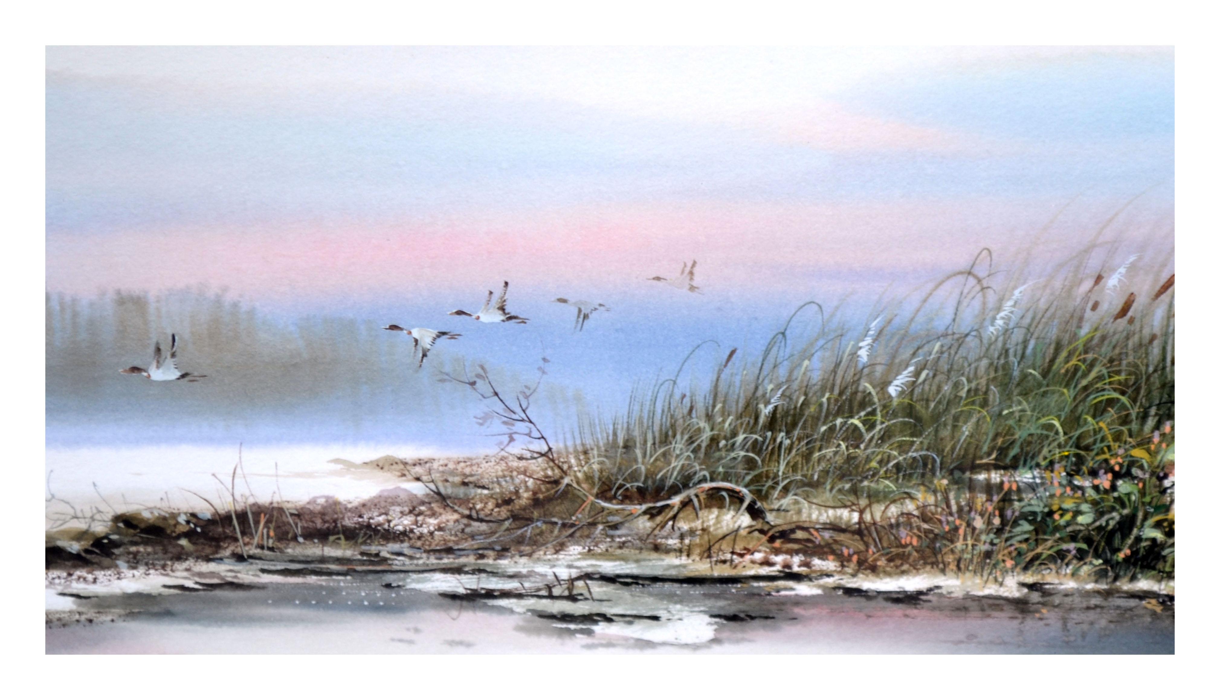 Paesaggio di oche in volo - Painting Realismo di Surachai Promsuntisit EAD 