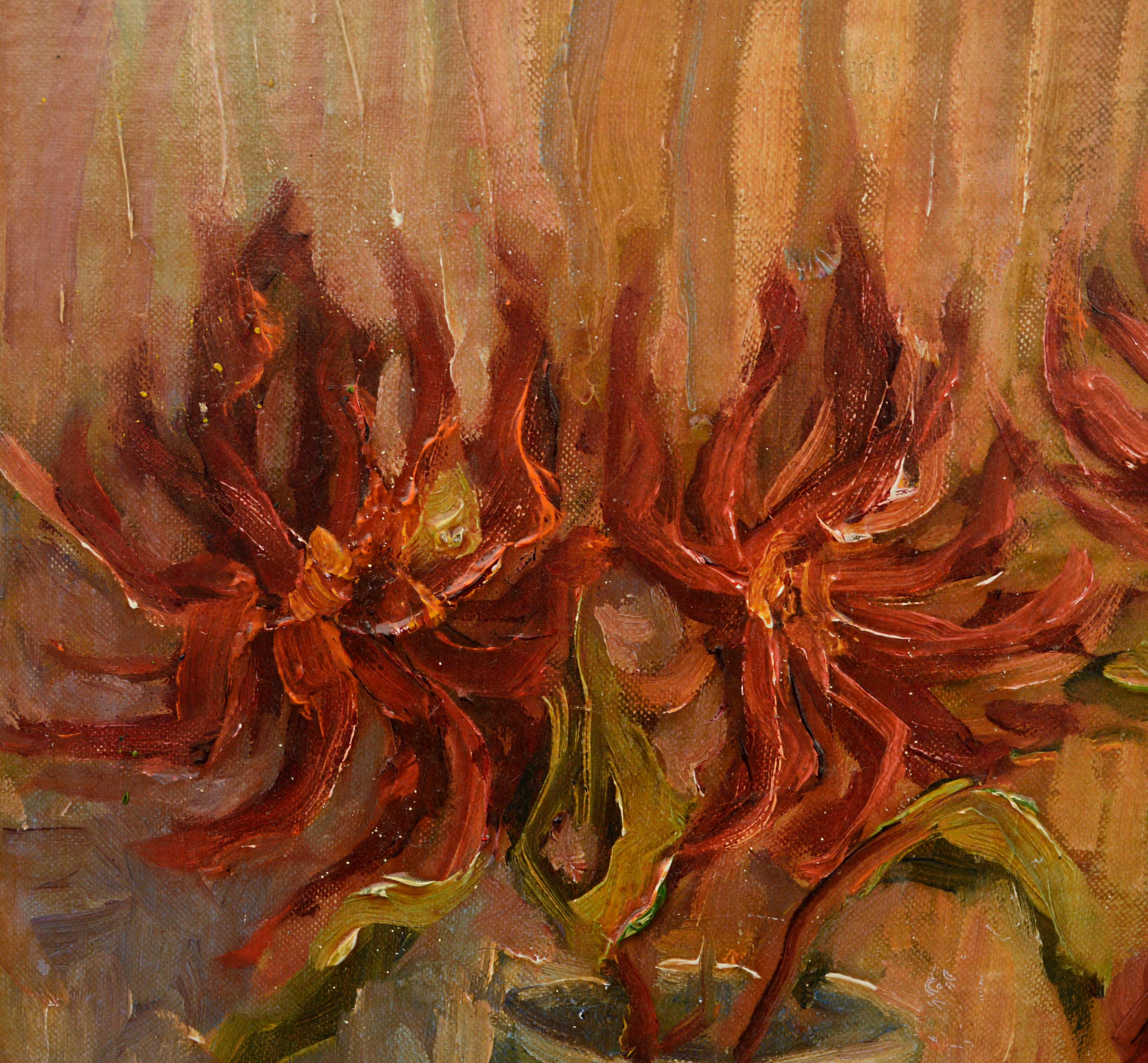 Nature morte aux fleurs rouges du milieu du siècle  - Marron Still-Life Painting par Frank McConnell