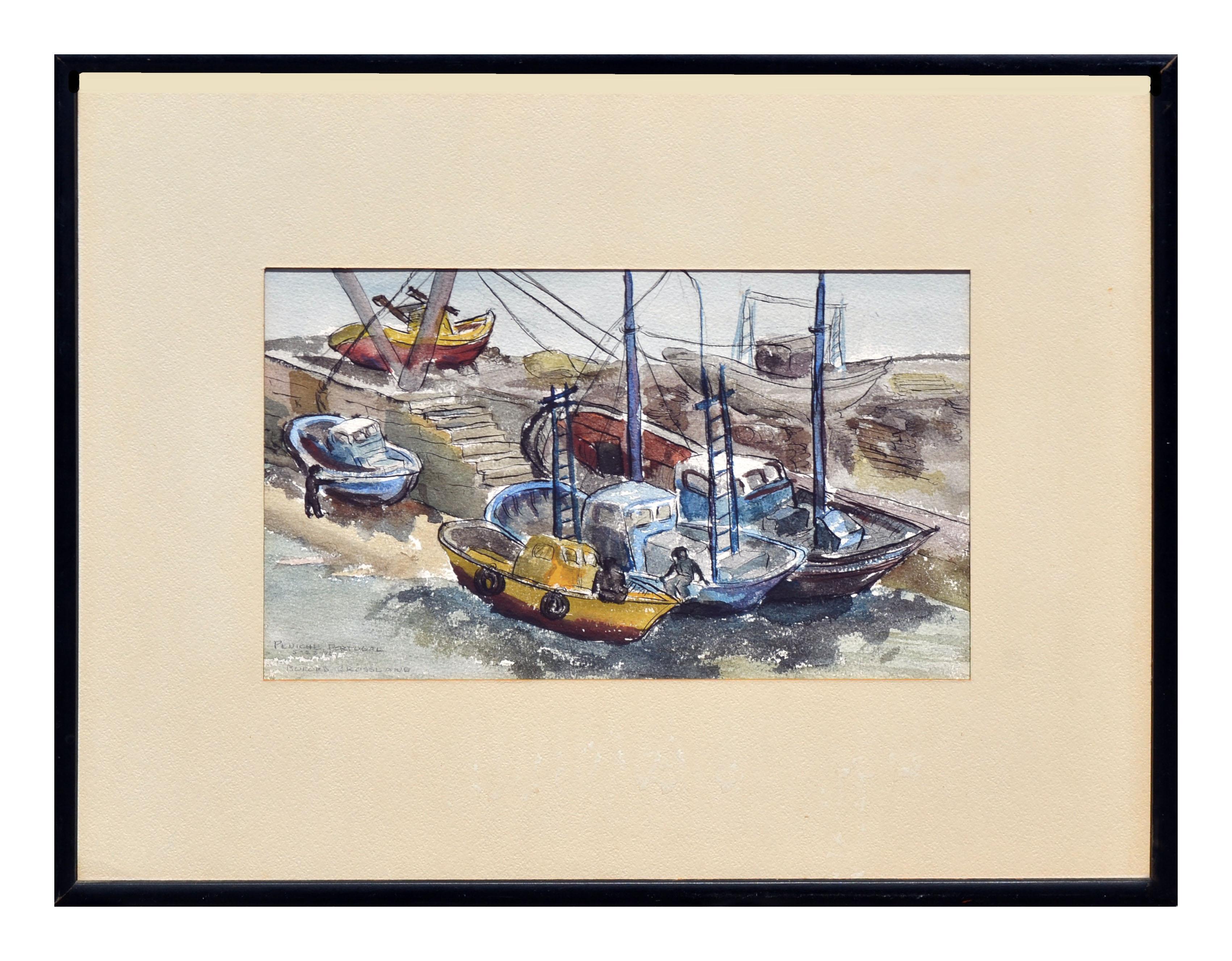 Buford Crossland Figurative Art - Vintage Figurative Landscape of Peniche, Portugal Harbor Boats