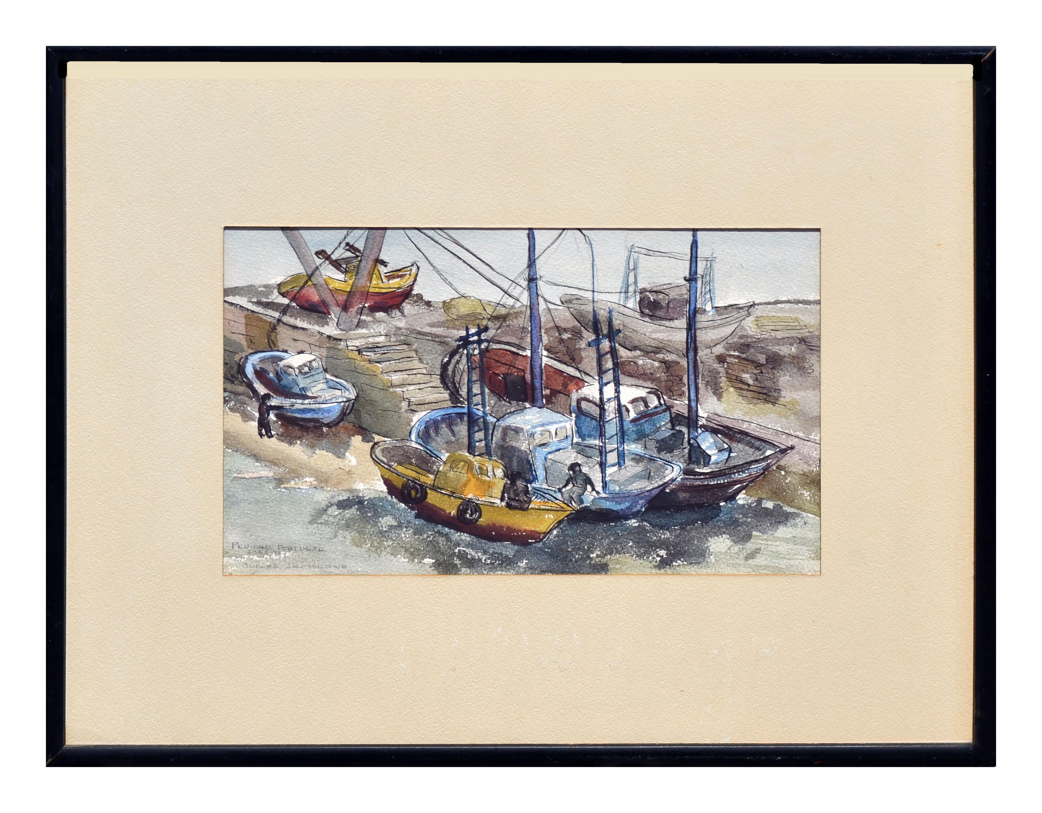 Vintage Figurative Landscape of Peniche, Portugal Harbor Boats 