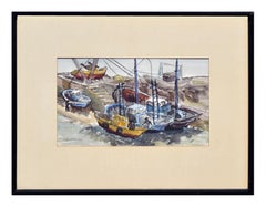 Paysage figuratif vintage de Peniche, Portugal, bateaux de port 
