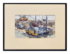 Vintage Figurative Landscape of Peniche, Portugal Harbor Boats