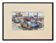 Vintage Figurative Landscape of Peniche, Portugal Harbor Boats 