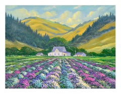 Vintage Flowering Statice Fields Landscape Original Oil on Canvas