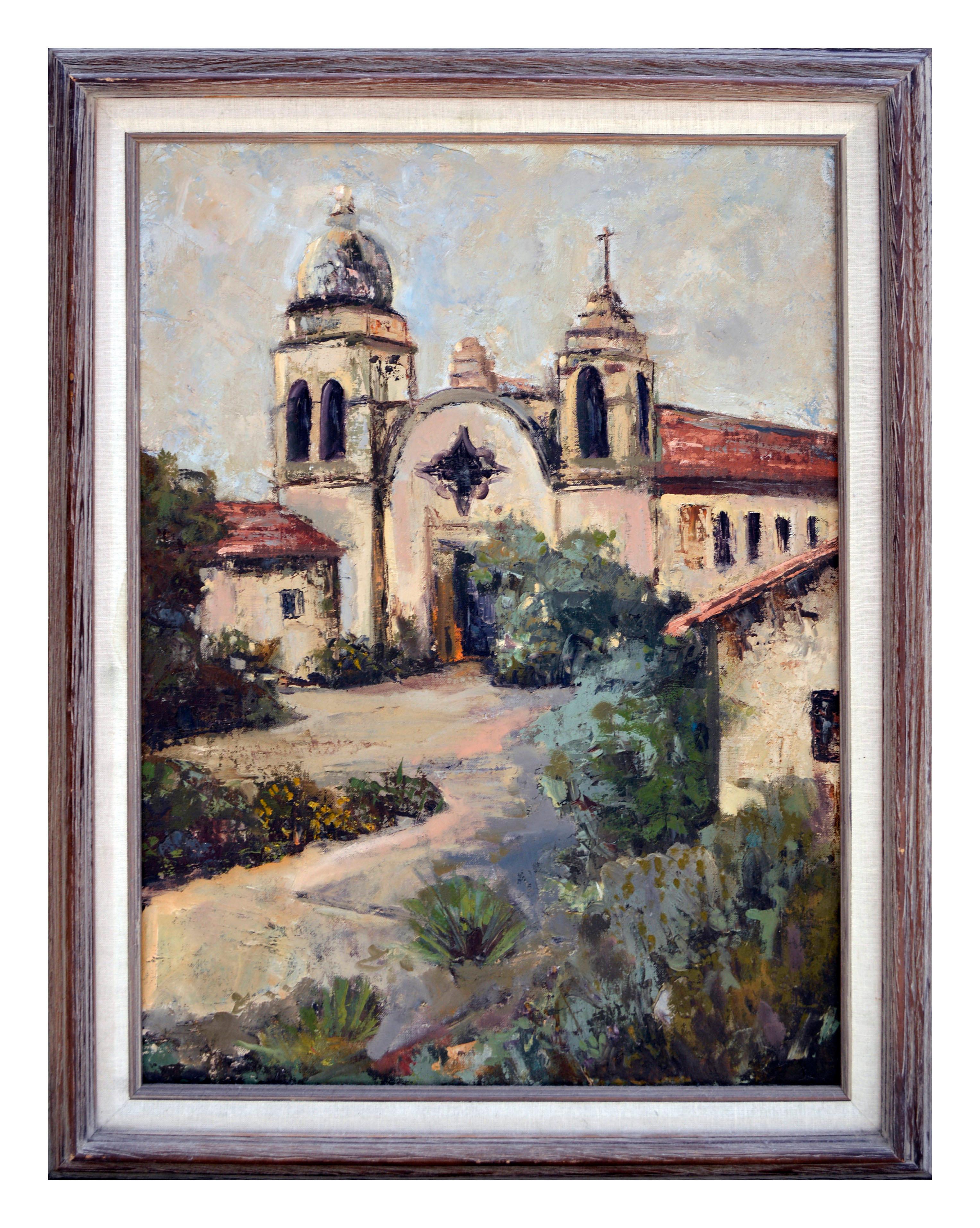 Landscape Painting Kathleen J. Canepa - Paysage californien vintage de Carmel Mission<unk>