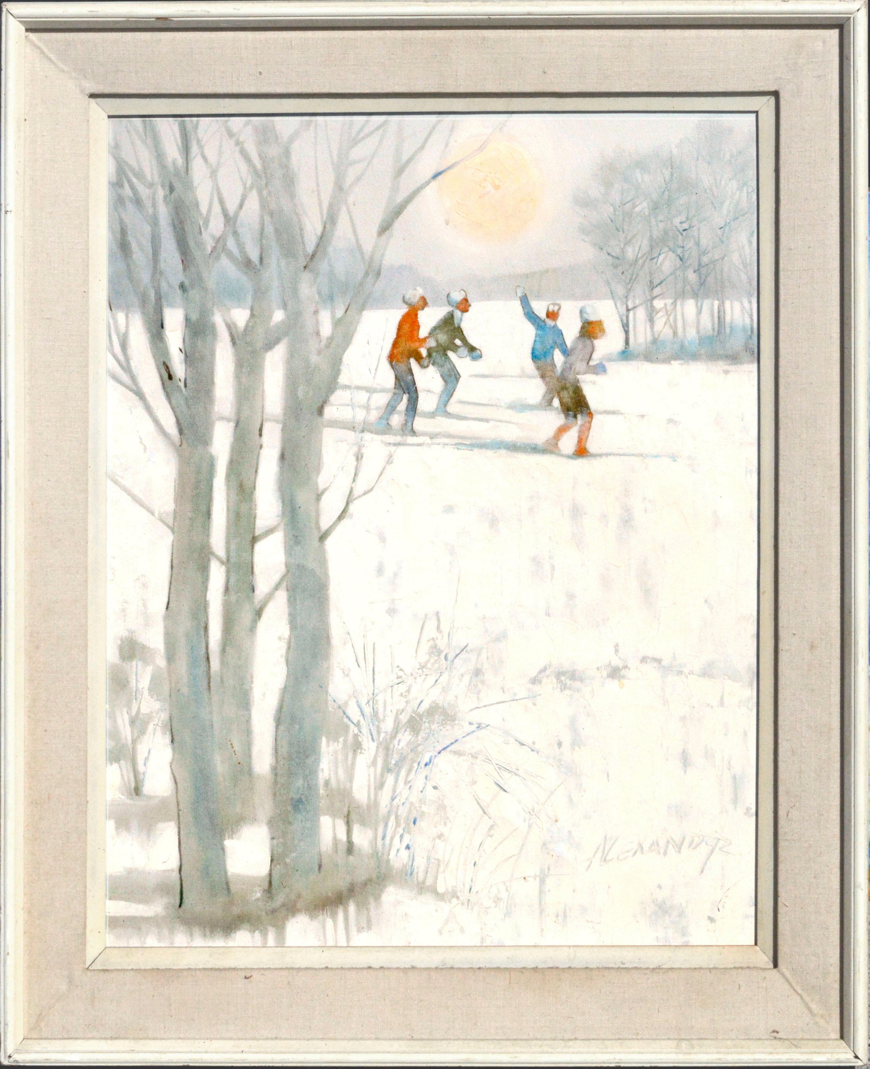 Bill Alexander Figurative Painting - Snowy Skiers - Figurative Colorado Winter Landscape 