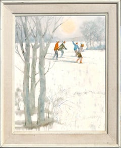 Vintage Snowy Skiers - Figurative Colorado Winter Landscape 