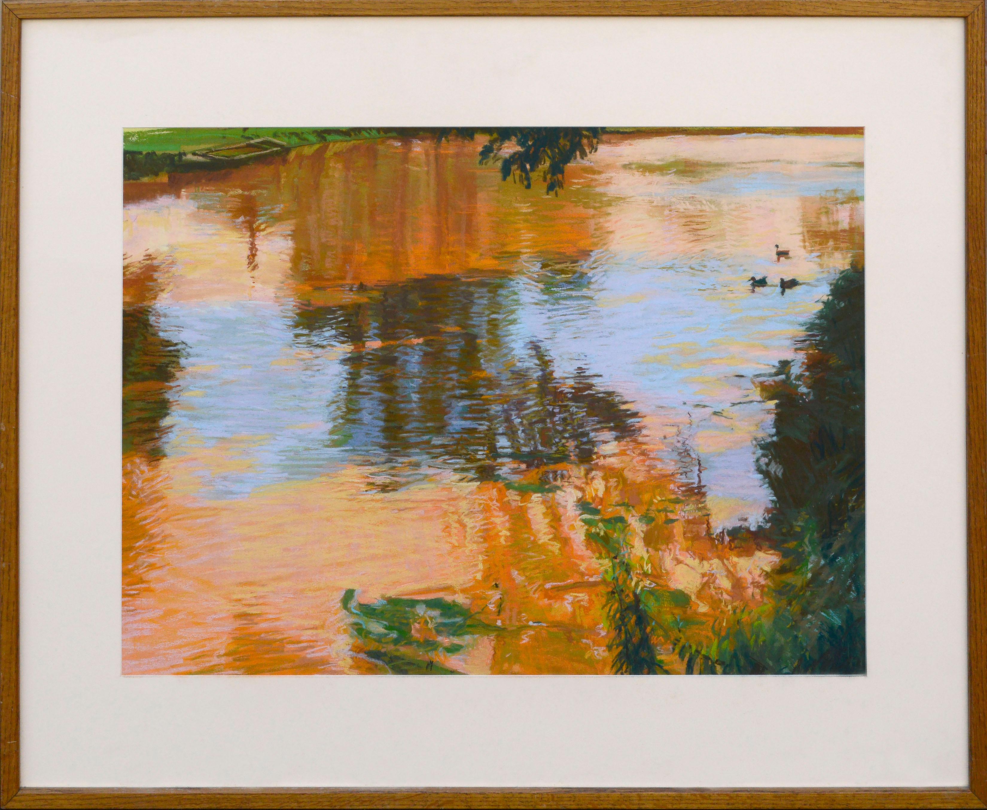 Unknown Landscape Art - Colorful Lake Reflections, Large-Scale Pastel Landscape with Ducks