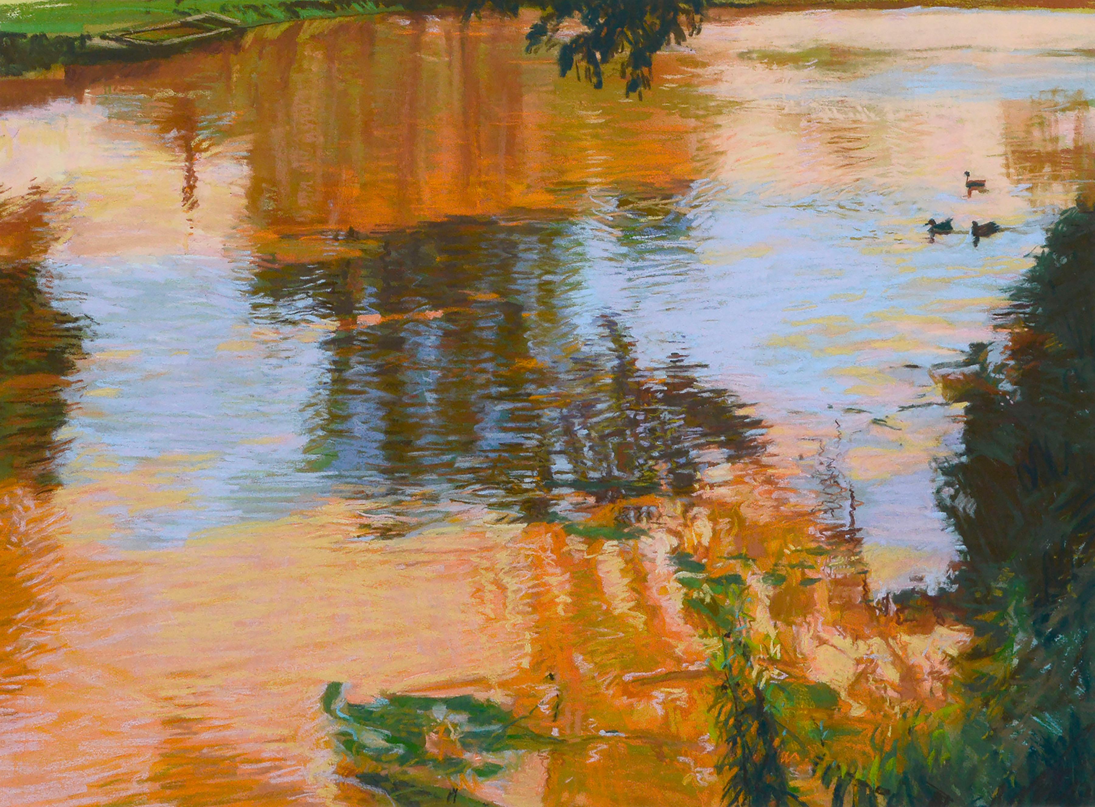 Colorful Lake Reflections, Large-Scale Pastel Landscape with Ducks - Art by Unknown