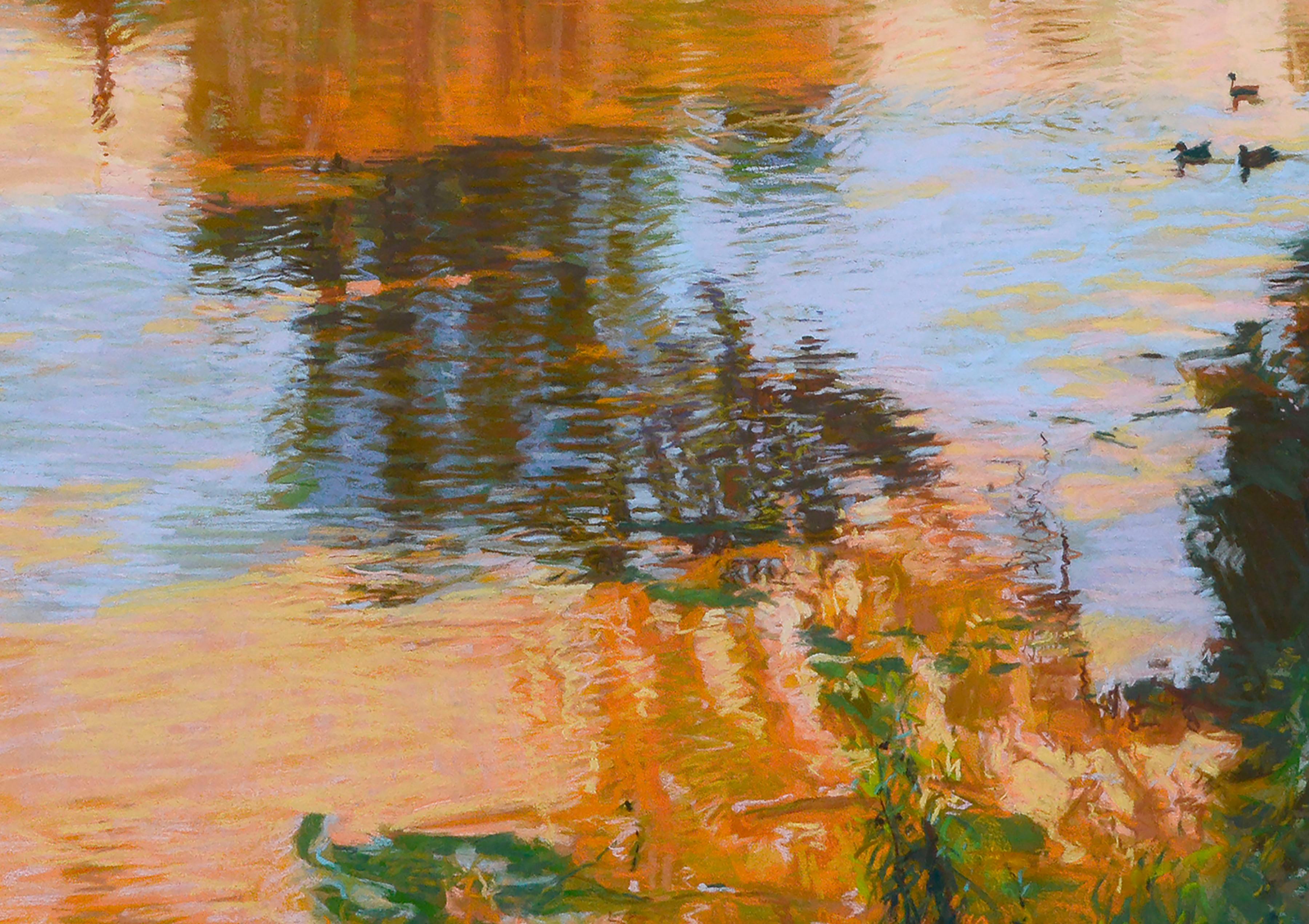 Reflejos coloridos de un lago, paisaje en pastel a gran escala con patos - Art impresionista estadounidense de Unknown