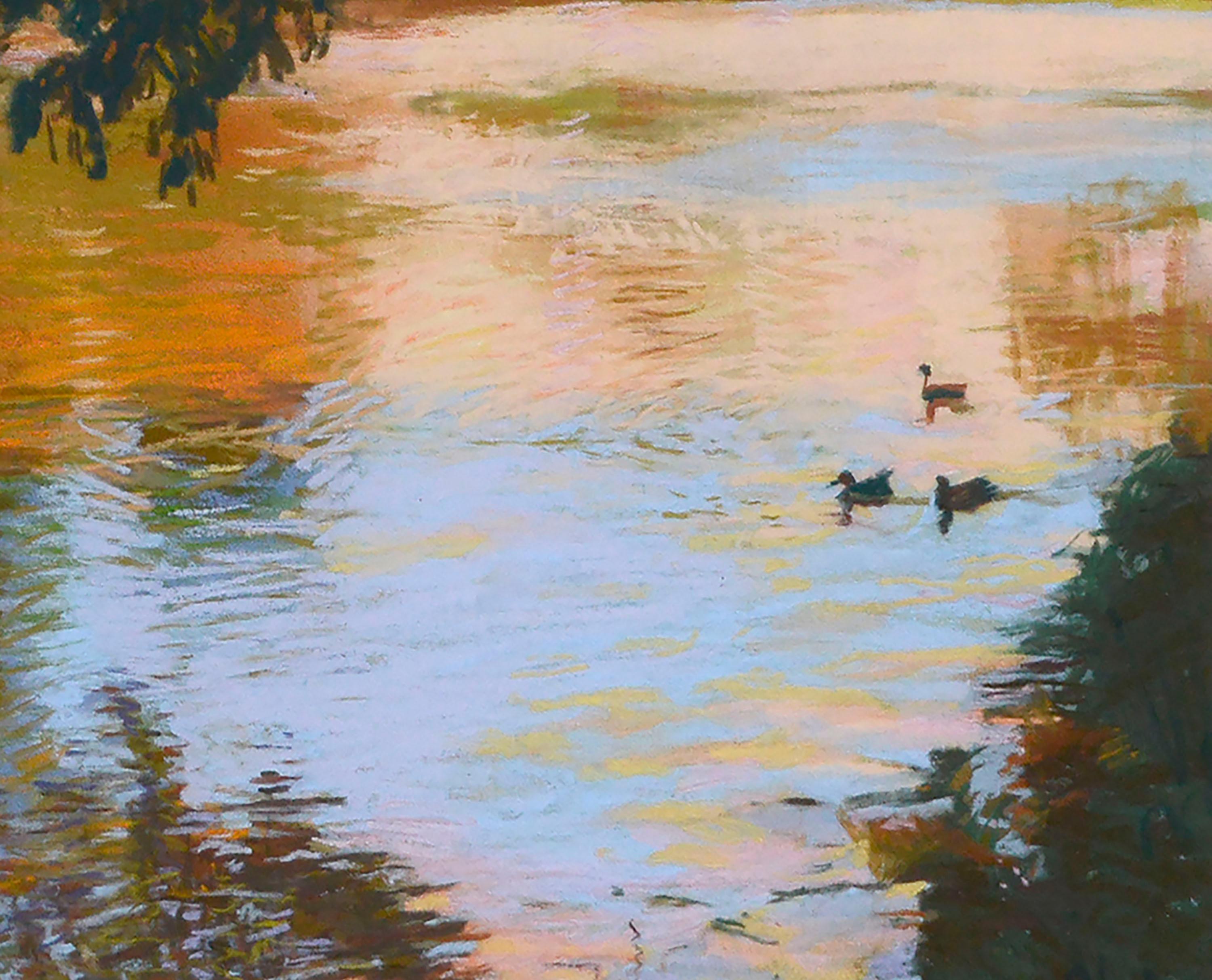 Colorful Lake Reflections, Large-Scale Pastel Landscape with Ducks - Post-Impressionist Art by Unknown