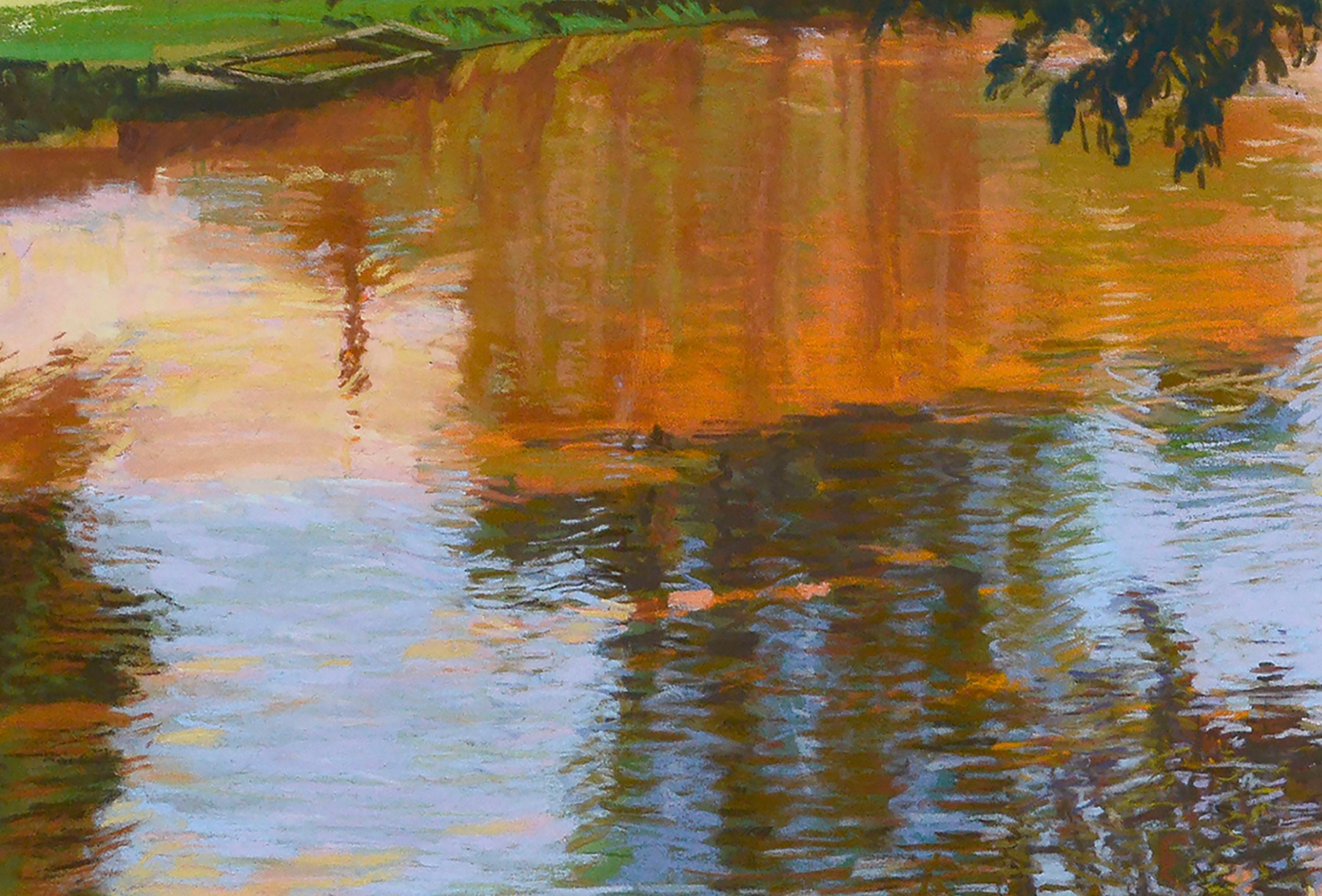 Colorful Lake Reflections, Large-Scale Pastel Landscape with Ducks - Beige Landscape Art by Unknown