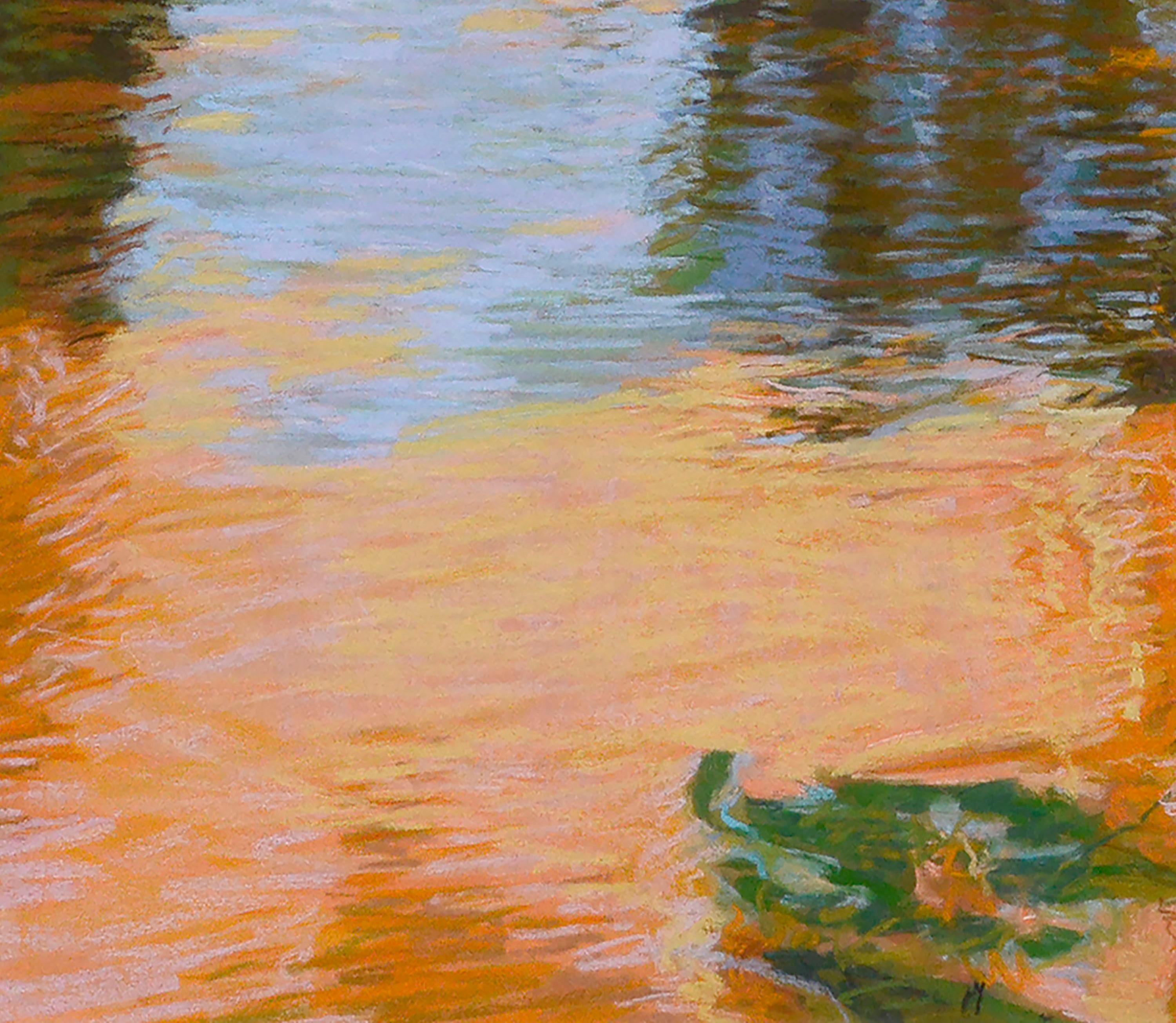 Reflejos coloridos de un lago, paisaje en pastel a gran escala con patos en venta 1