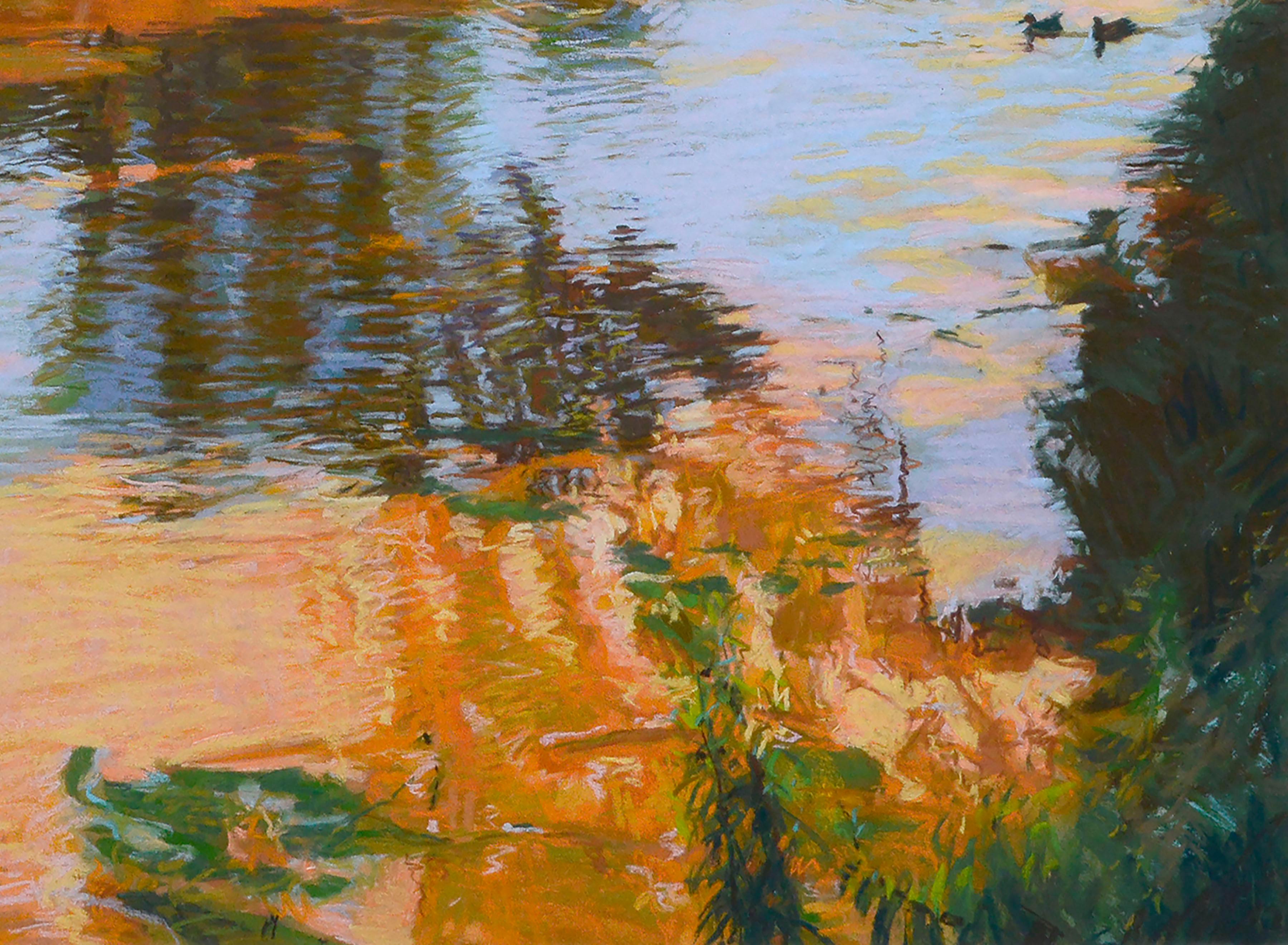 Reflejos coloridos de un lago, paisaje en pastel a gran escala con patos en venta 2
