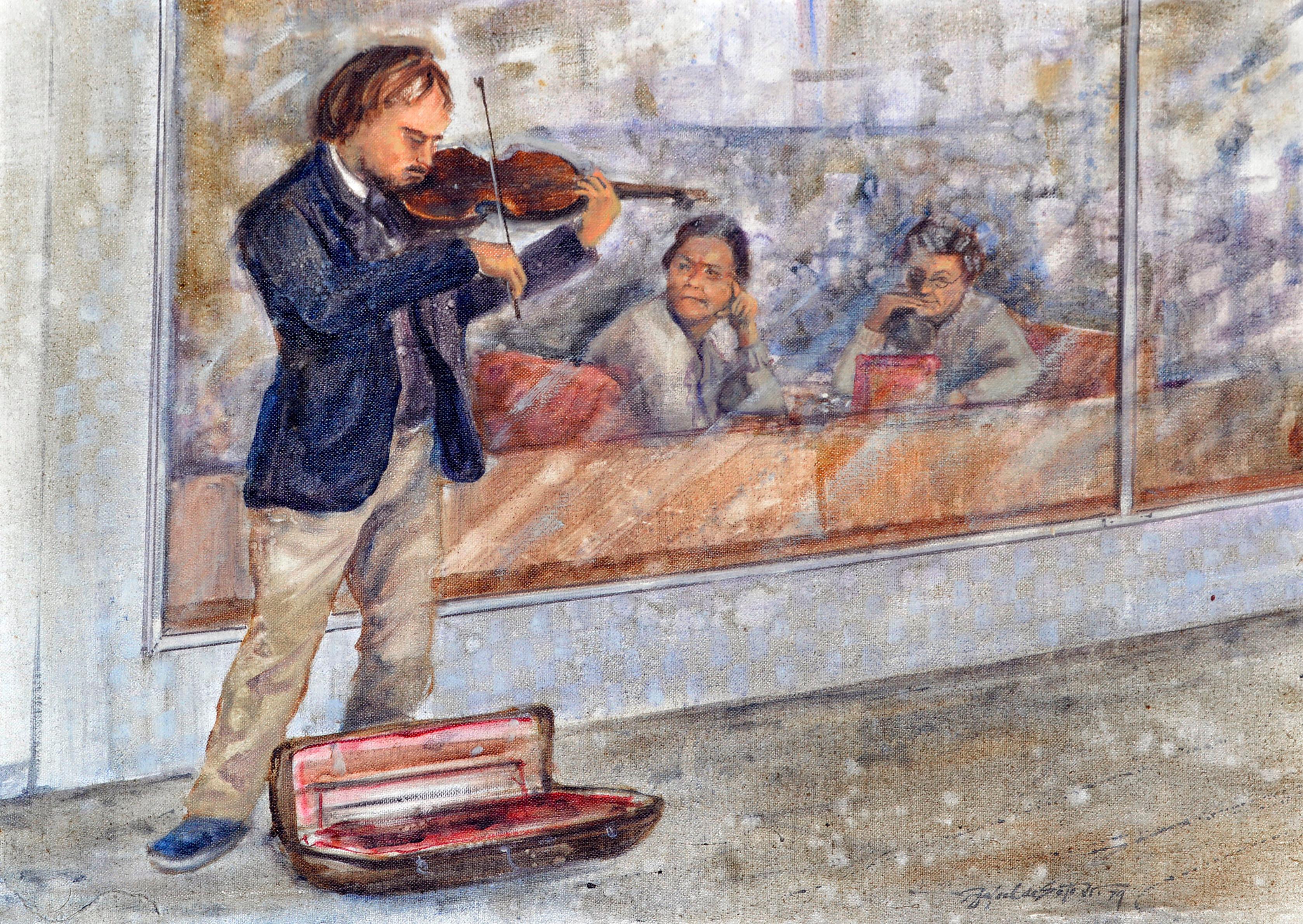 Street Violinist Figurative - Painting by Rafael DeSota