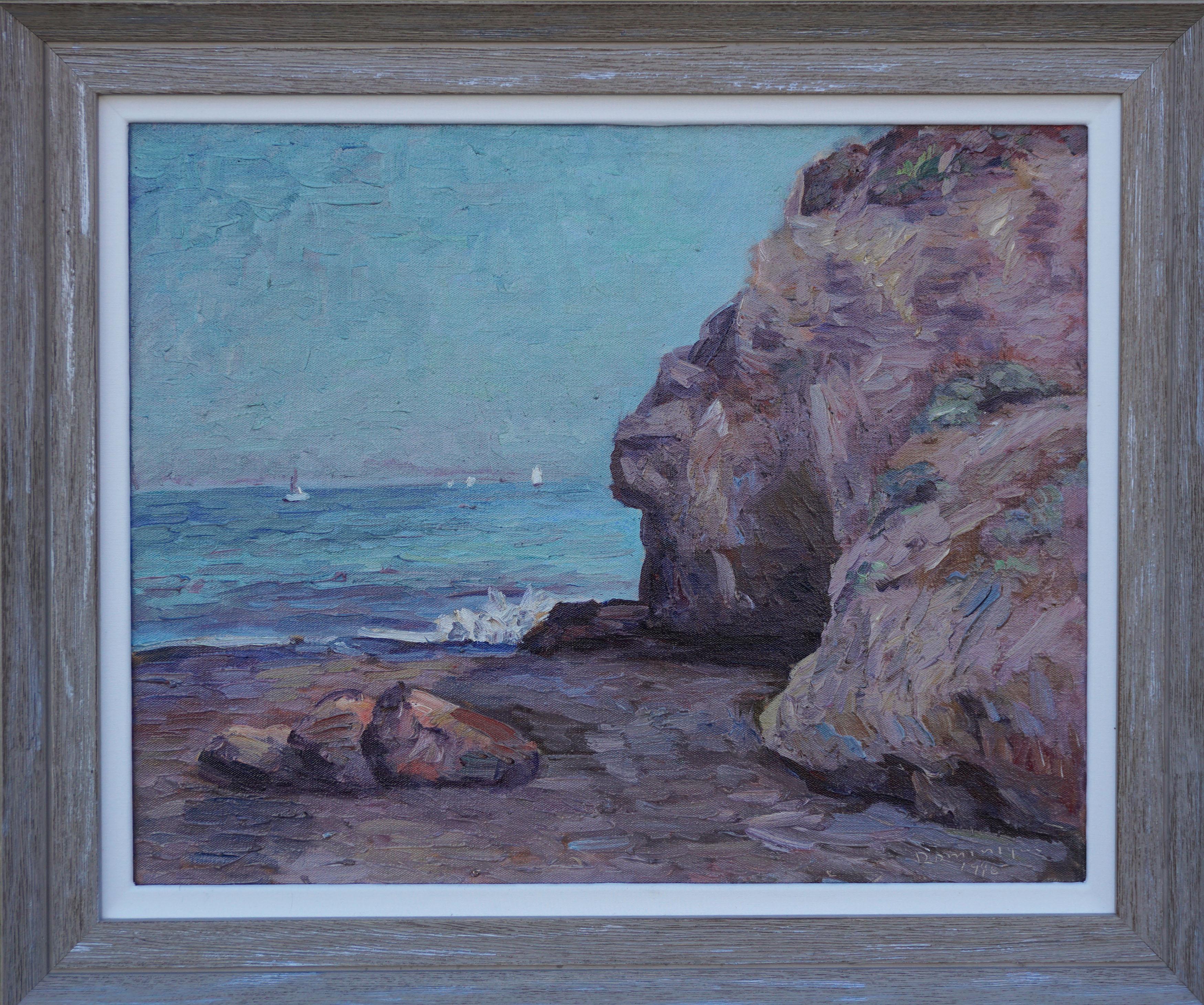 John Dominque Landscape Painting - Sailing Near Santa Barbara, Mid Century Coastal Seascape with Sailboats